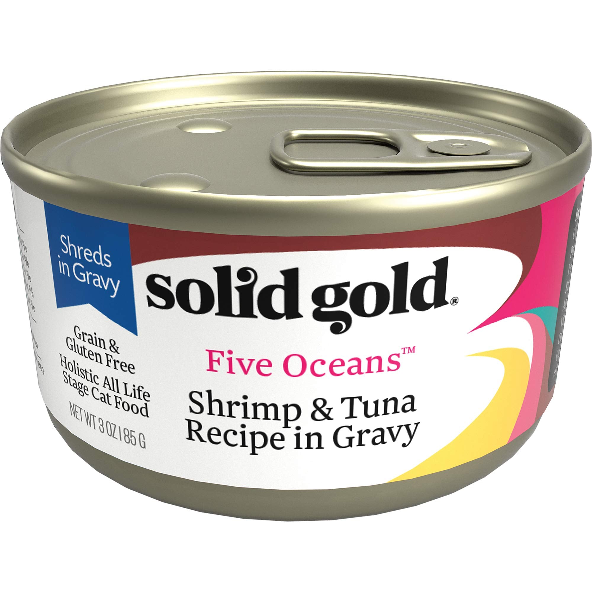 Solid Gold Wet Cat Food Shreds in Gravy - Canned Cat Food Made w/Real Tuna & Shrimp - Five Oceans Grain Free 24ct/3oz Can