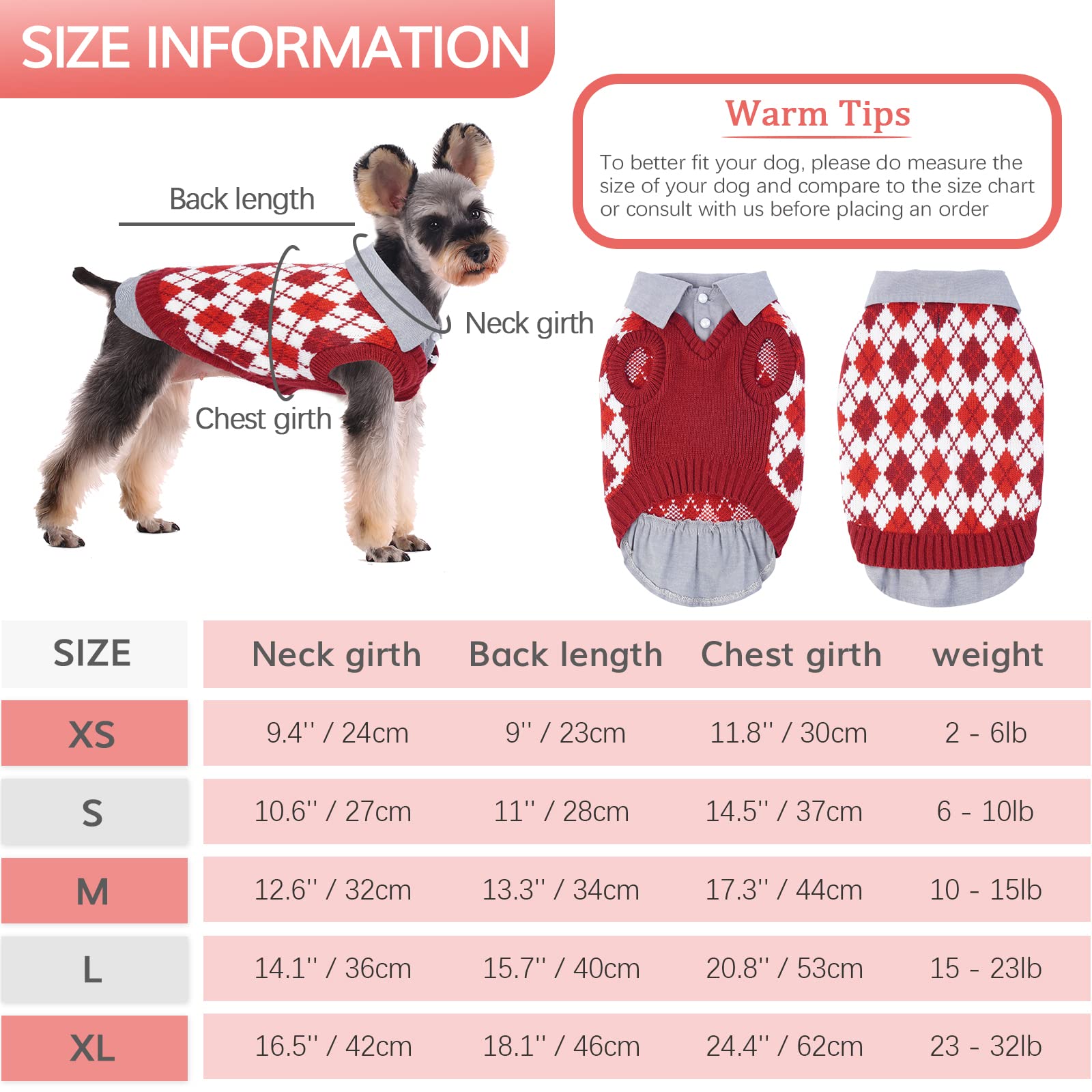 Kuoser Plaid Dog Sweater Warm Clothes, Patchwork Design Pet Dog Knitwear Classic Pullover Puppy Coat Cold Weather Sweatshirts Wi