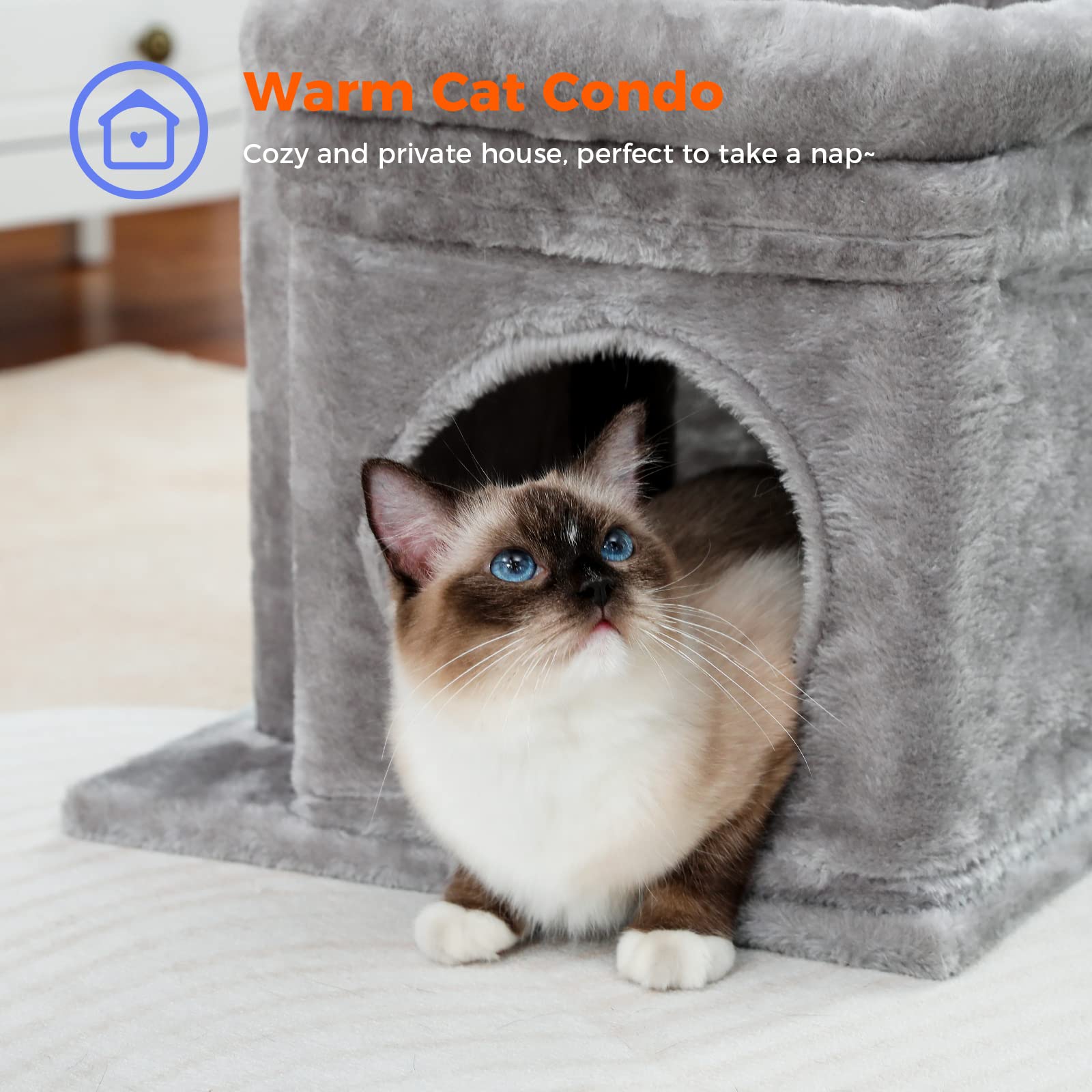 PEQULTI Cat Tree Tower for Indoor Cats, Cozy Condo, Sisal Scratching Posts, 27" Grey, Model AMT0179