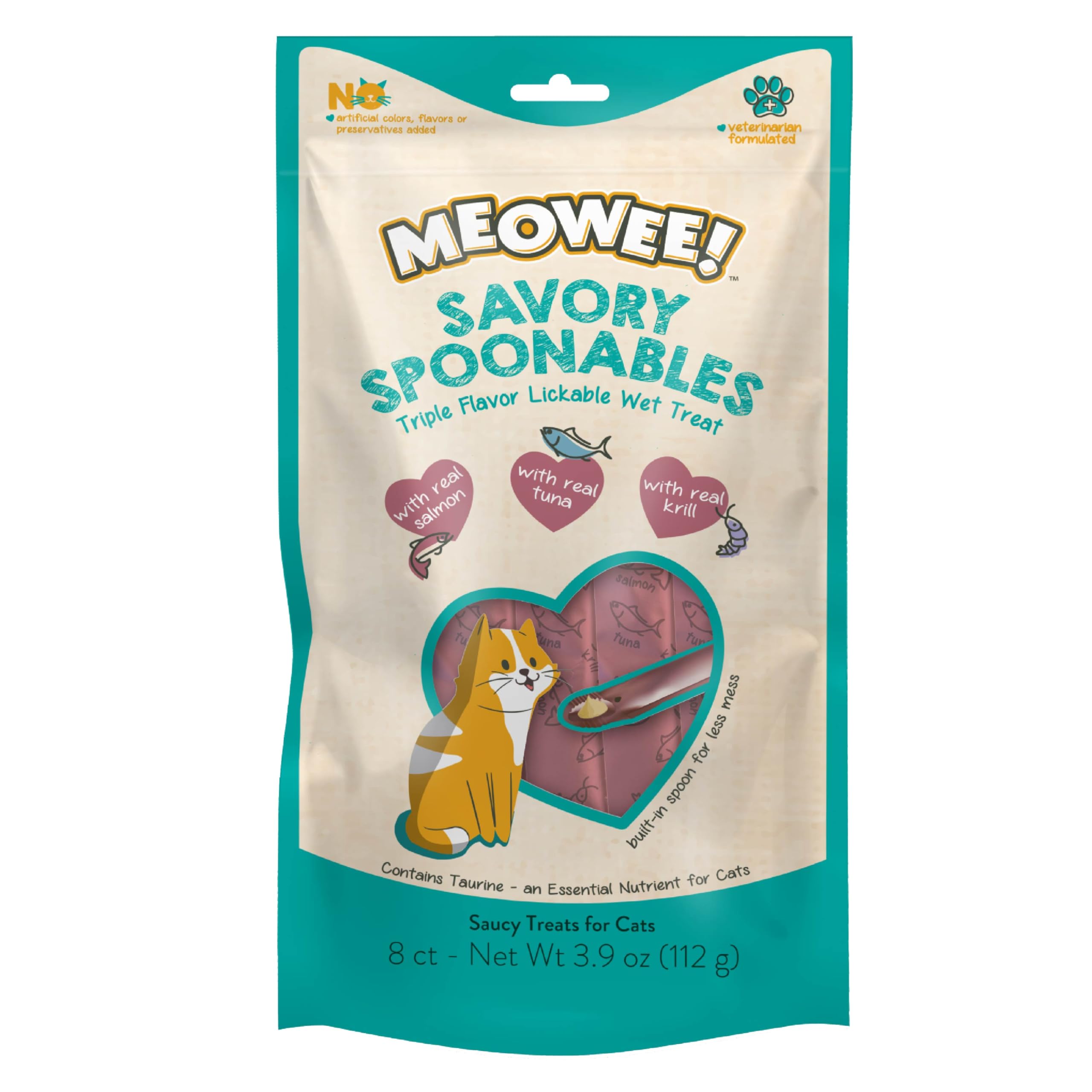 MEOWEE! Savory Spoonables with Real Salmon, Tuna & Krill, 8 Count Tube, Triple Flavor Squeezable Lickable Wet Treats for Cats wi