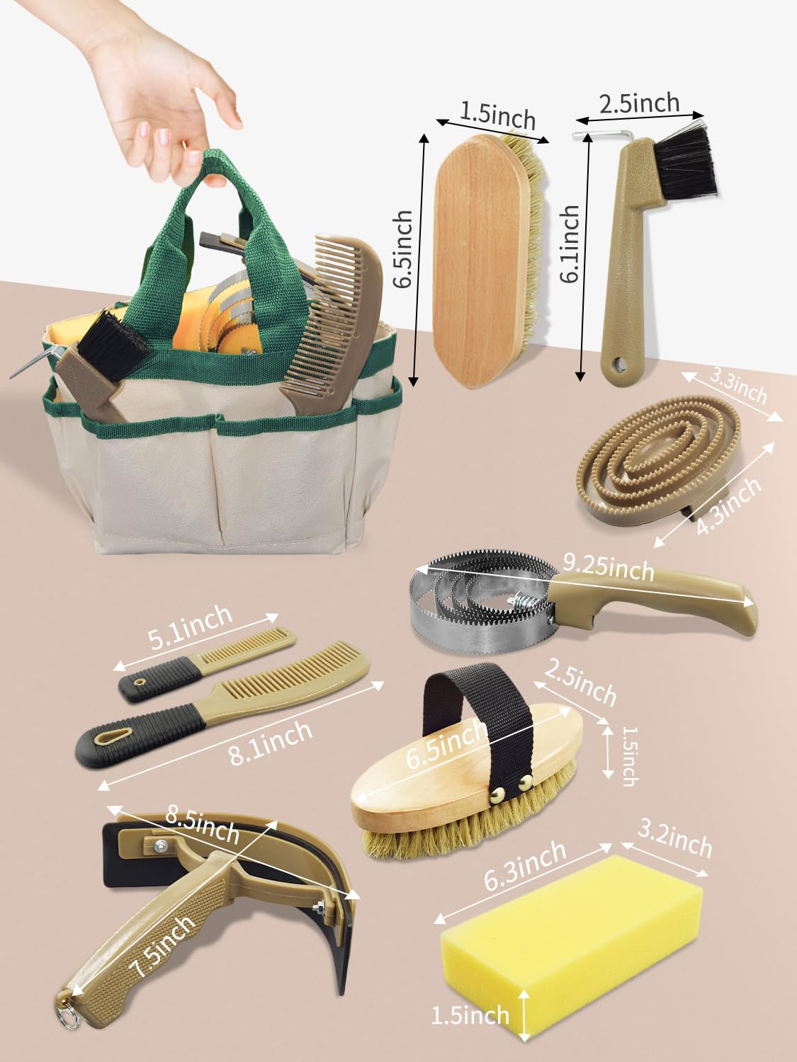 inoreal 9 Pieces Horse Grooming Kit with Organizer Tote Bag, Horse Brushes for Grooming and Bathing, Professional Equine Coat Ca