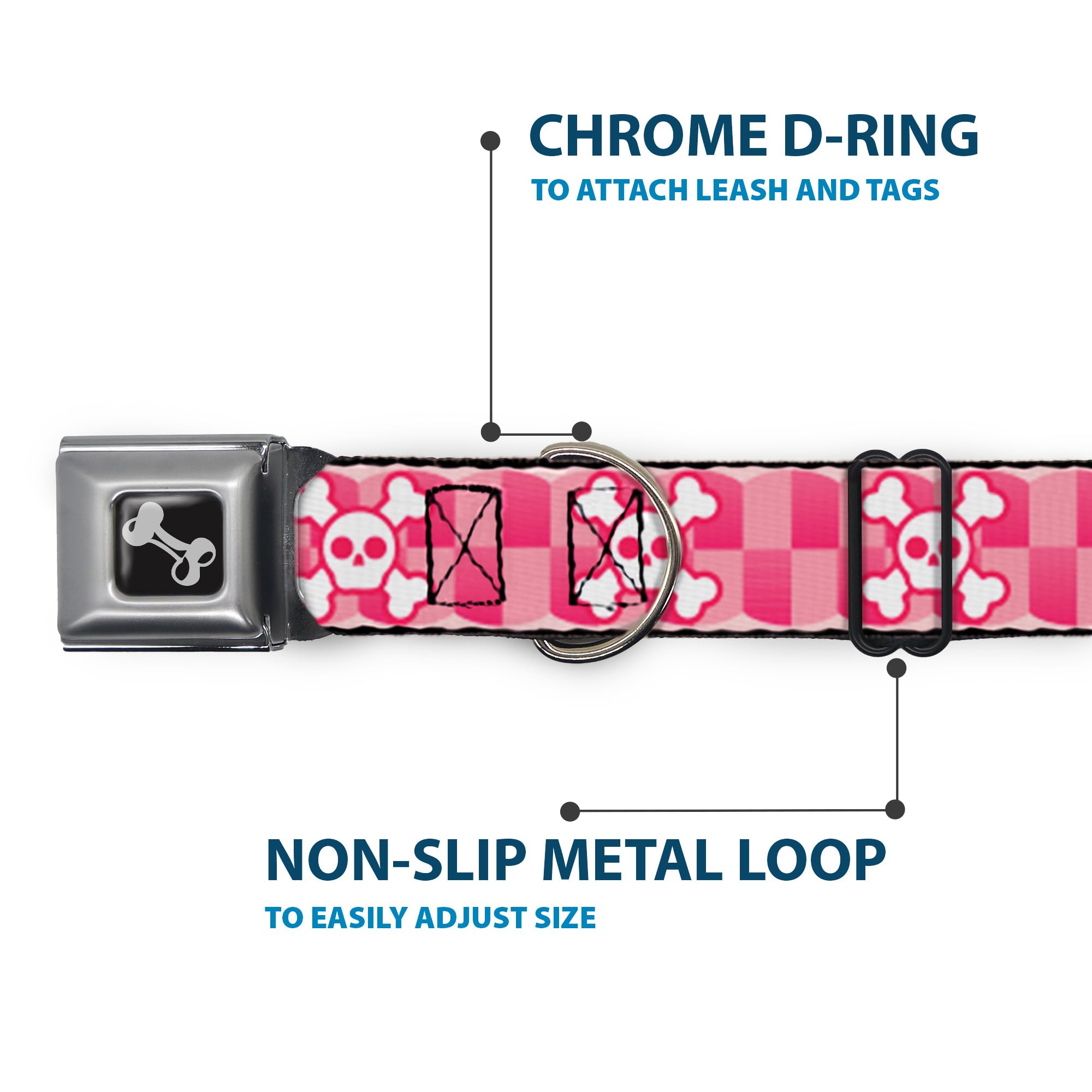Buckle-Down Seatbelt Buckle Dog Collar - Cute Skulls W/Checkers Pinks/White - 1.5 Wide - Fits 13-18 Neck - Small