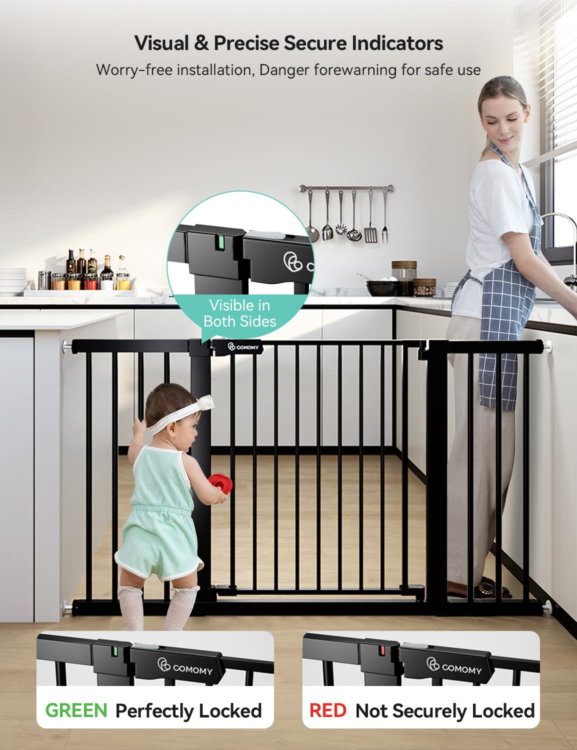 Comomy 30' Tall Baby Gate For Stairs Doorways, Fits Openings 29.5' To 51.6' Wide, Auto Close Extra Wide Dog Gate For House, Pressure Mounted Easy Walk Through Pet Gate With Door, Black