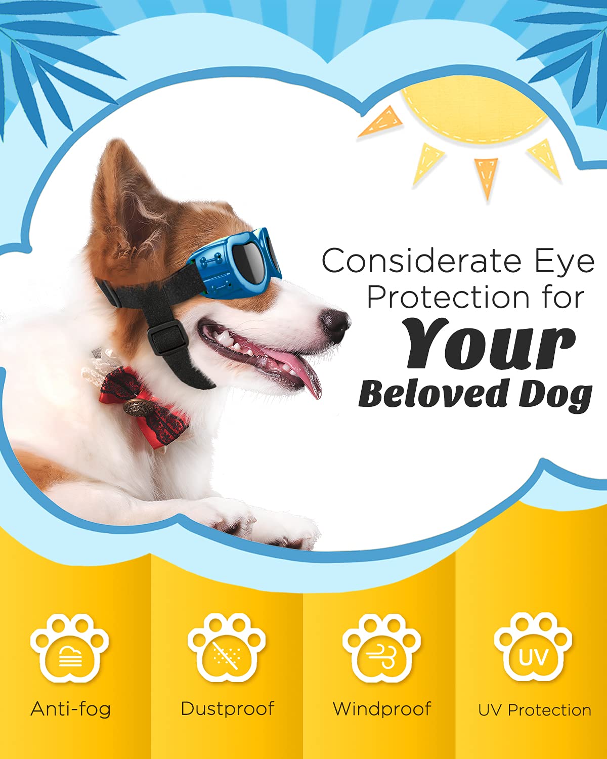 Lewondr Dog Sunglasses Small Breed, Dogs Goggles Uv Protection Doggles For Small Dogs Doggie Eye Protection With Adjustable Stra