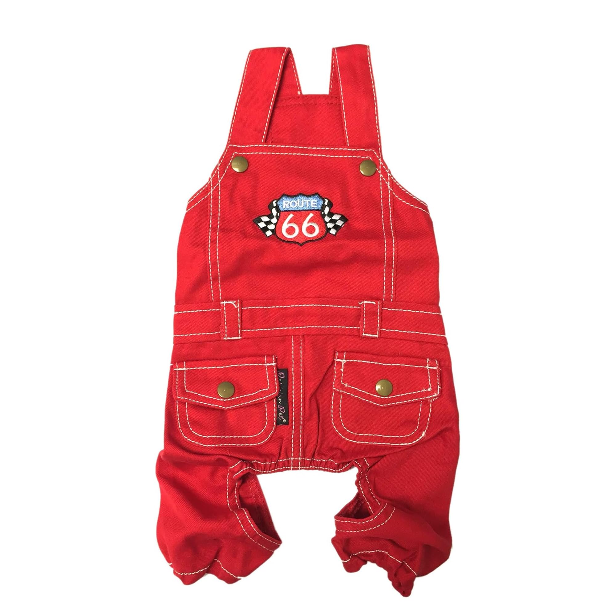 Parisian Pet Denim Dog Overalls - Embroidered 'Route 66' Red Jumpsuit - Breathable, Machine-Washable Medium Dog Costume