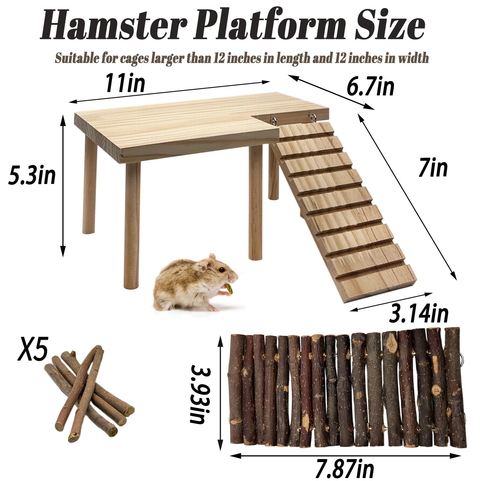 Niwaes Wooden Hamster Platform With Legs, Small Syrian Hamsters Climbing Platforms With Ramp Kit Wood Ladder Bridge Rat Playing