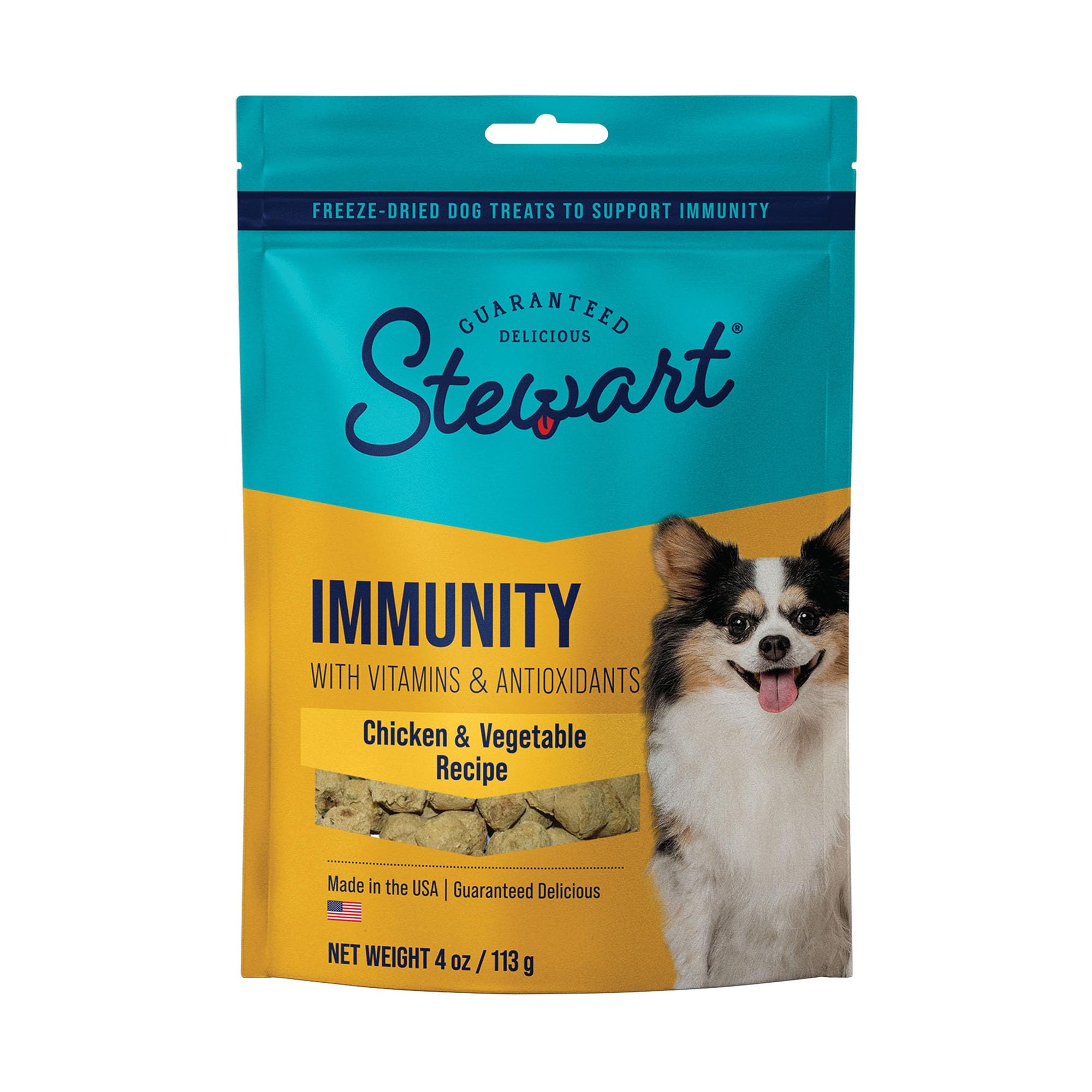 Stewart Freeze Dried Dog Treats, Chicken & Vegetable, Immunity Treats, Vitamin E, Grain Free, 4 Ounce Resealable Pouch, Made in 
