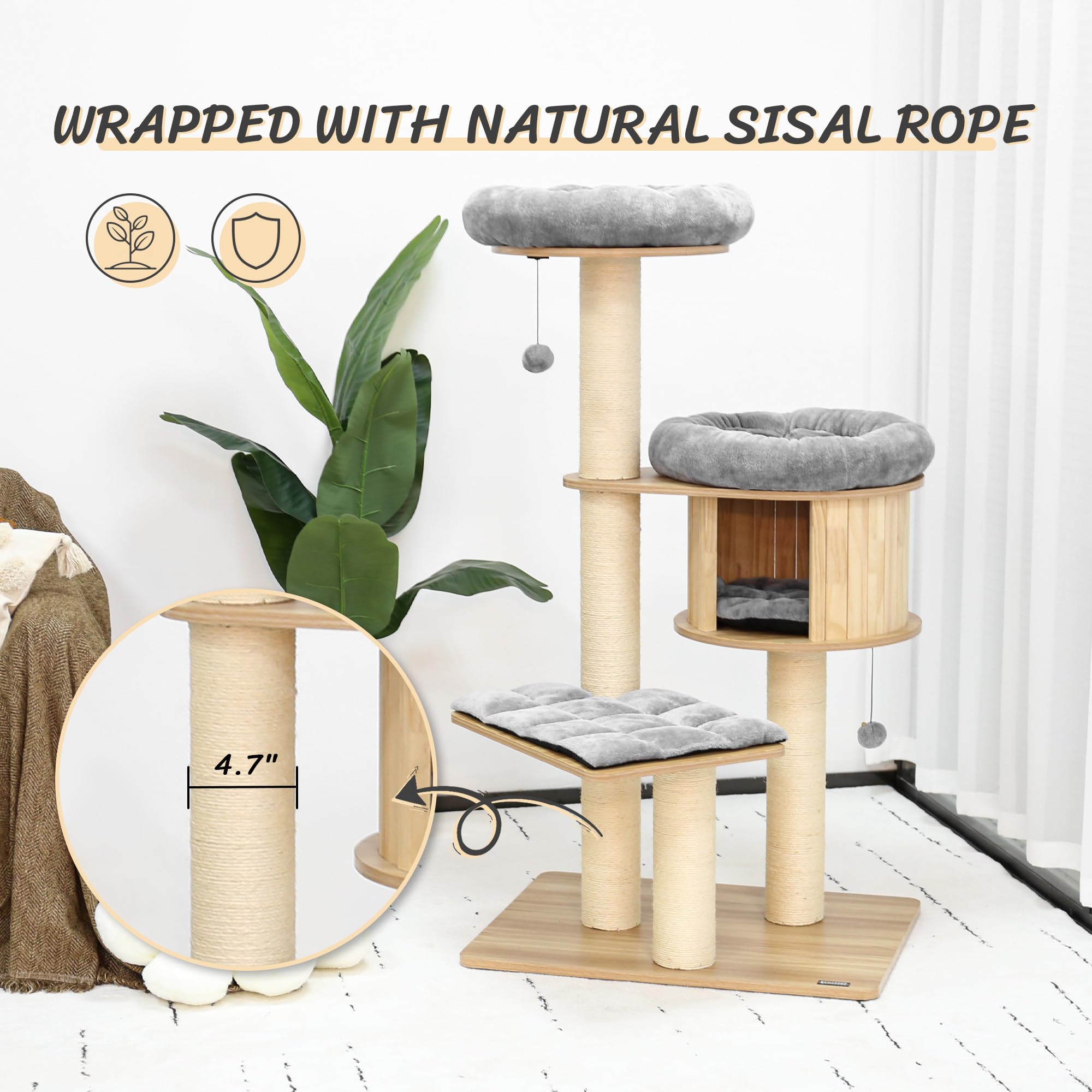 KAMABOKO Modern Cat Tree, Wood with Condo & Cushions, 58.6" Height, Heavy-Duty Design for Large Cats, Model KM001
