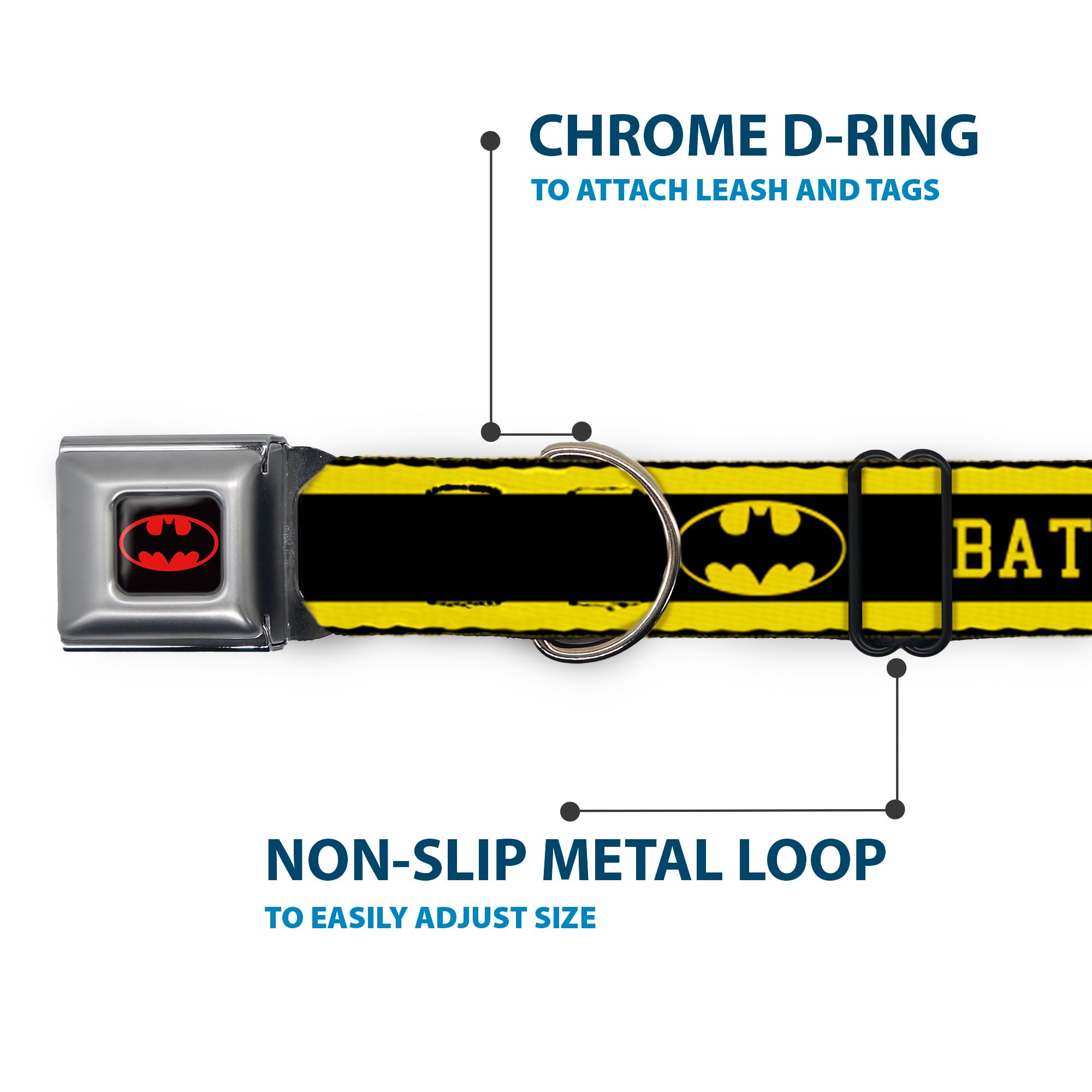 Buckle-Down Seatbelt Buckle Dog Collar - Batman/Logo Stripe Yellow/Black - 1.5' Wide - Fits 16-23' Neck - Medium