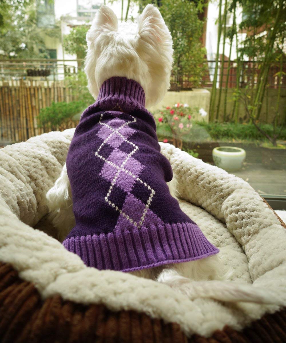 Argyle Knit Pet Sweaters Clothes For Small Dogs, Classic Purple Medium M Size