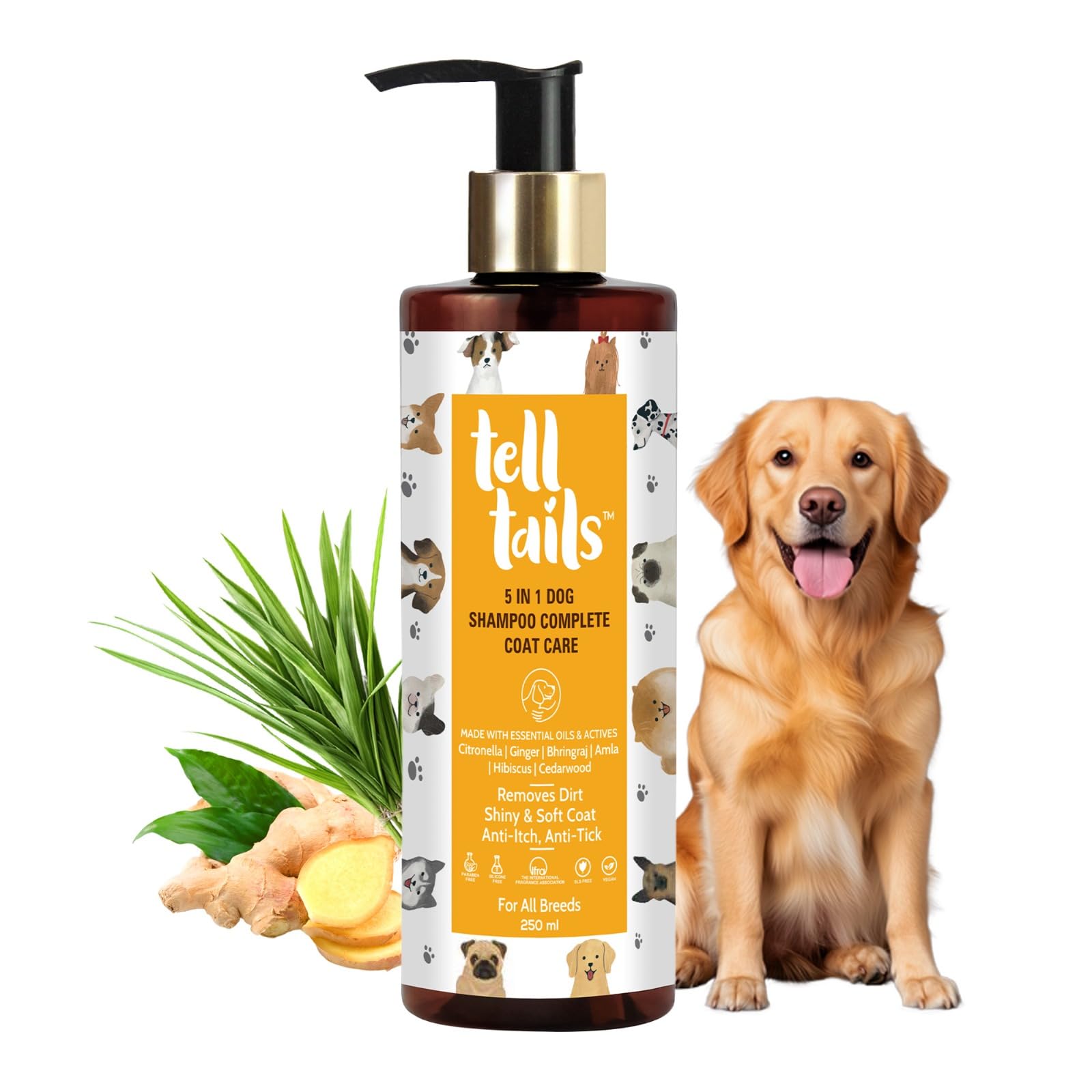 Tell Tails 5-In-1 Natural Dog Shampoo - 250Ml - Flea, Tick & Odor Removal - Moisturizes, Heals & Shine - Anti-Fungal & Anti-Bact