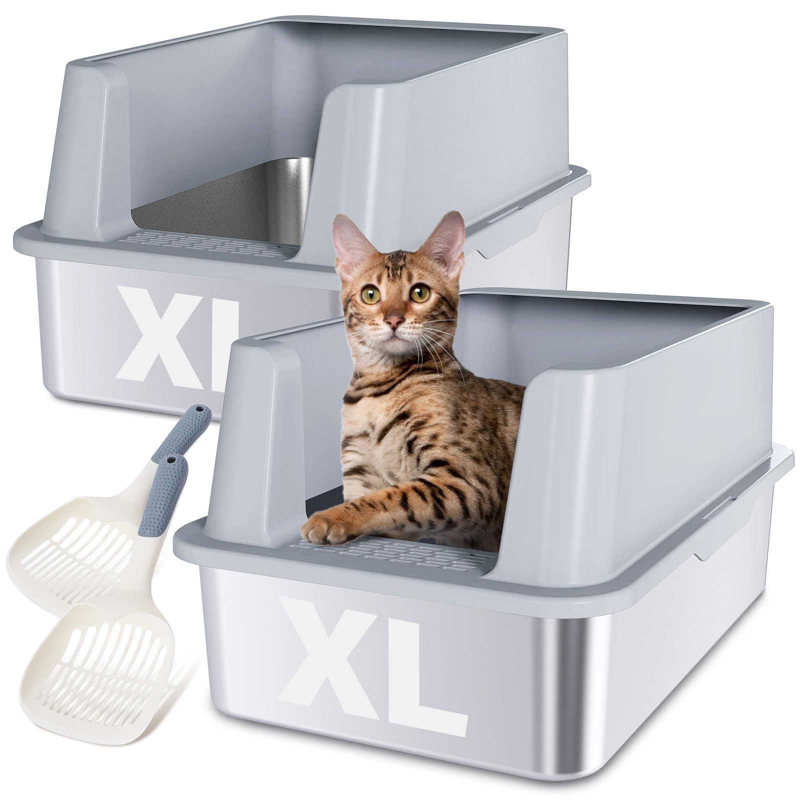 LEGOURNS Stainless Steel Litter Box 2 Pack, 23.6x15.8x11.8(Height) XL Stainless Steel Cat Litter Box with Lid, Easy Clean Non St