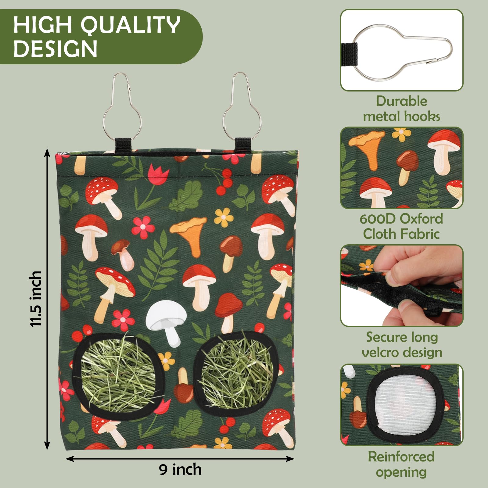 Jarthenaamcs 2Pcs Rabbit Hay Feeder Bag With 2 Holes 11.5 X 9 Inch Mushroom Guinea Pig Hanging Hay Feeding Bag Storage Dispenser