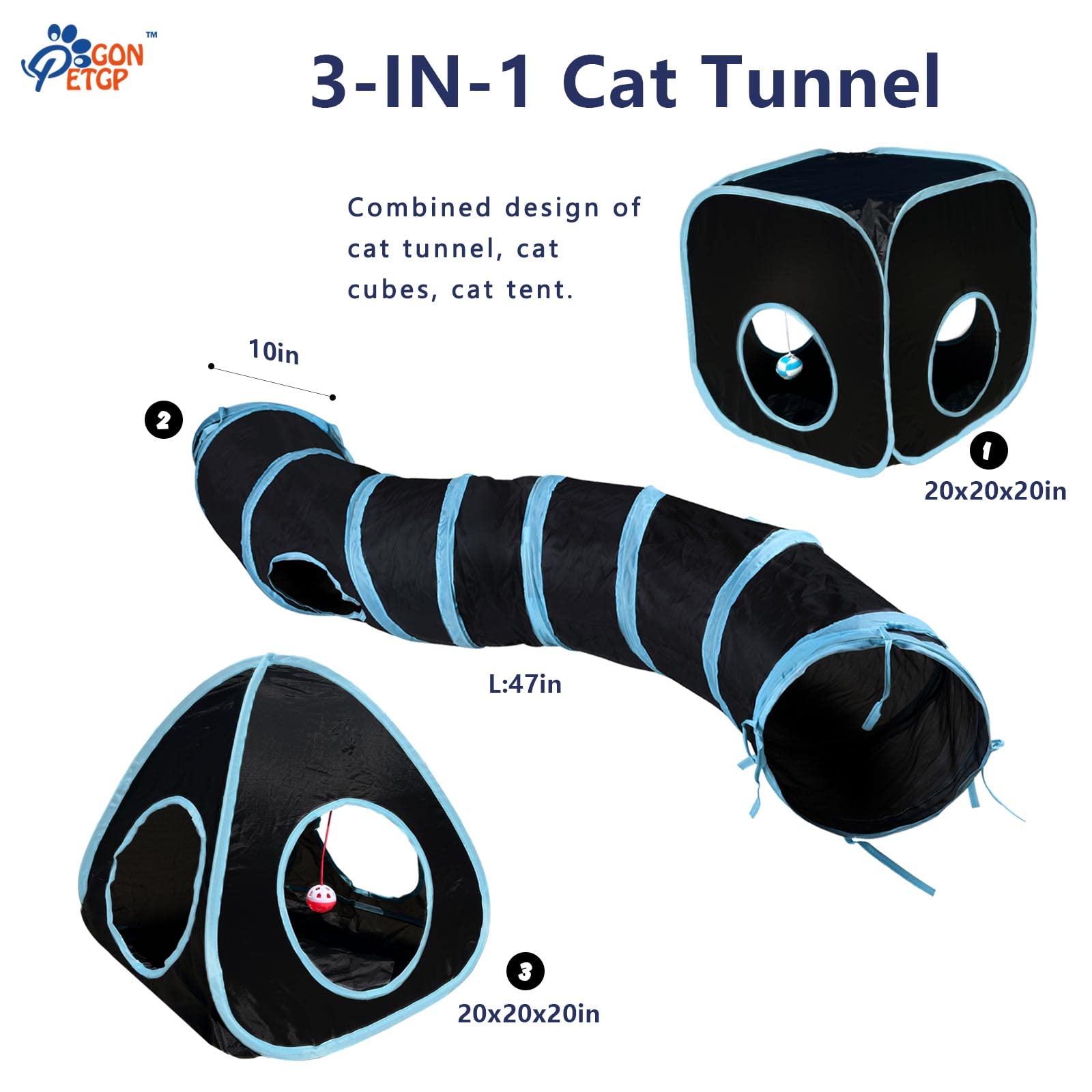 GONPETGP Cat Tunnel Set with Cube Tent, Pop-Up Collapsible, 90x20in, Black, Model A-05 - Interactive Toys for Cats and Kittens
