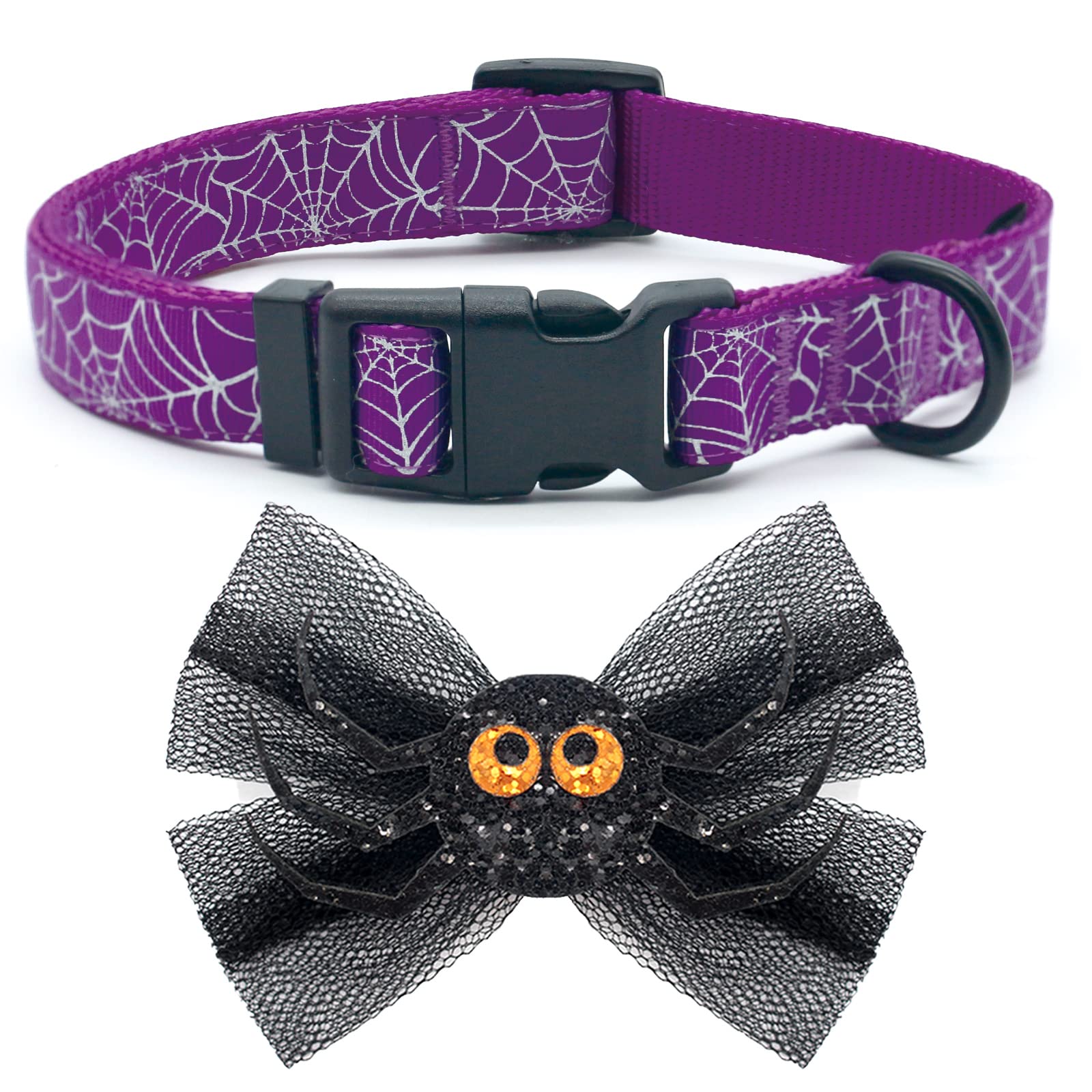 Azuza Halloween Dog Collars With Bow Cute Sequined Spider Purple Dog Collar With Lace Bow Tie Gifts On Halloween For Medium Dogs