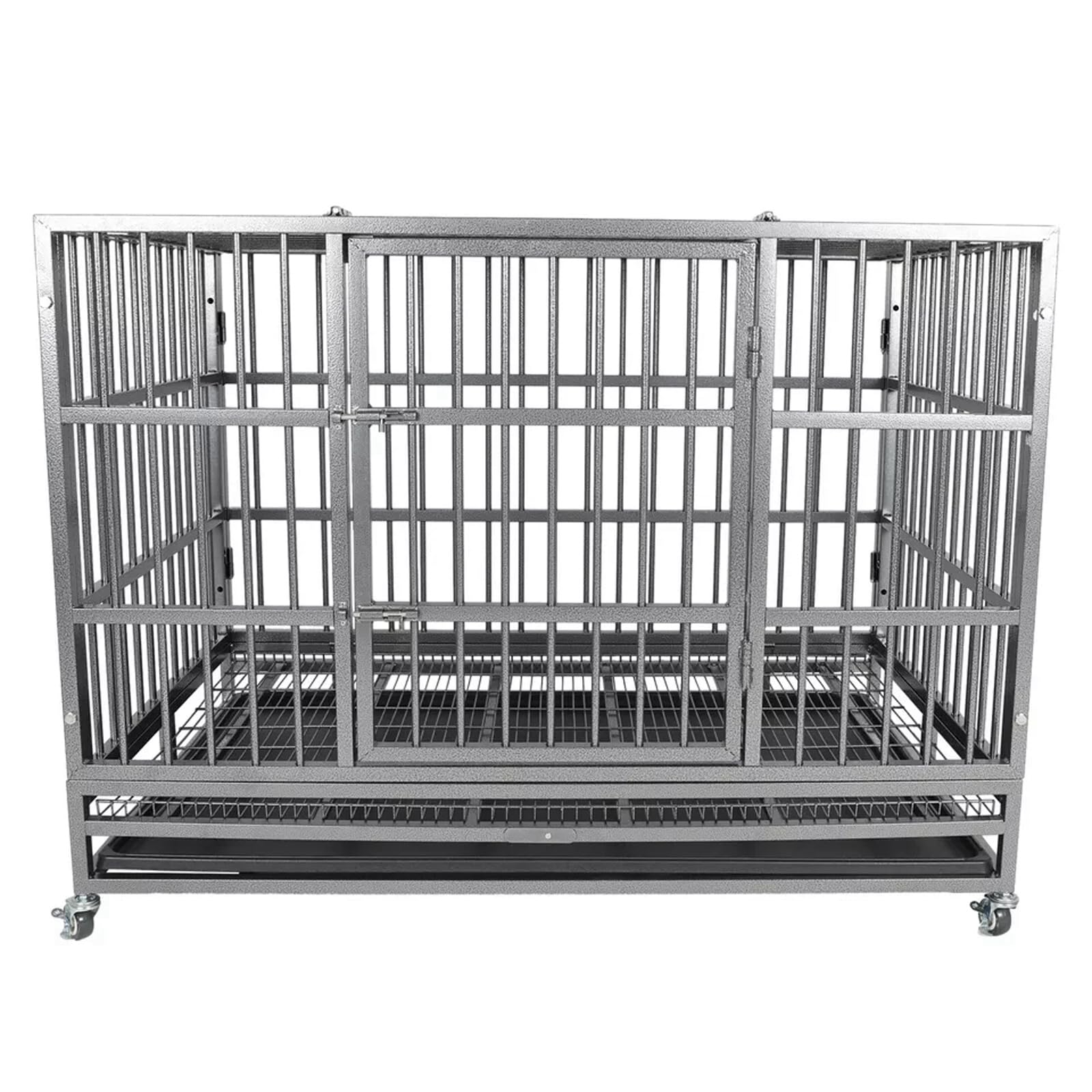 Indestructible Dog Crate Cage Kennel, 47 Inches, High Anxiety Dog Crate With Removable Trays, Wheels And Double Door, For Medium