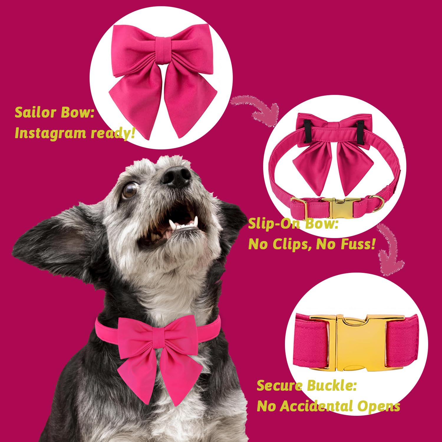 Maca Bates Dog Collar With Rose Red Bow Bowtie For Dogs Solid Colors Sailor Bow Tie Adjustable Breakaway Girly Pink Collars Birt