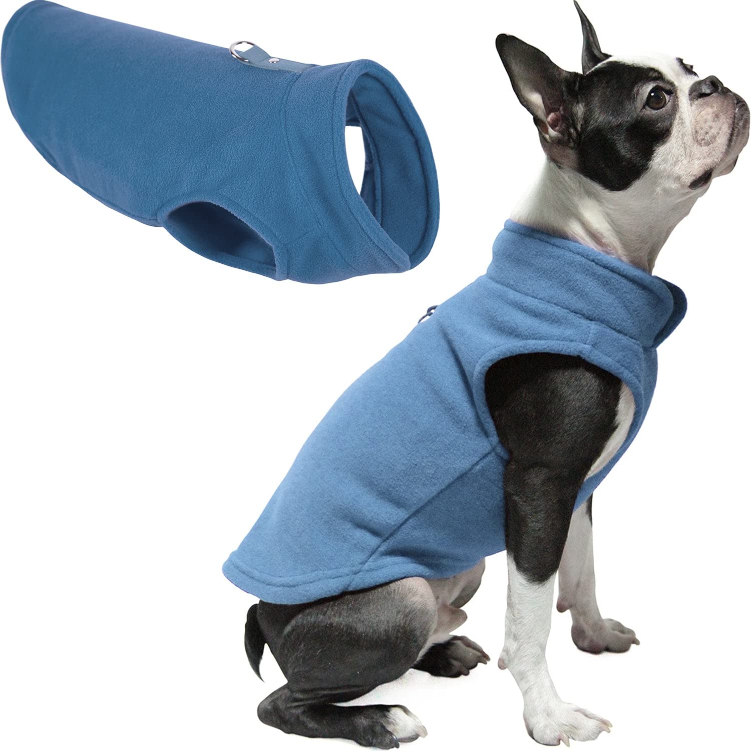 Gooby Fleece Vest Dog Sweater - Blue, Medium - Warm Pullover Fleece Dog Jacket With O-Ring Leash - Winter Small Dog Sweater Coat