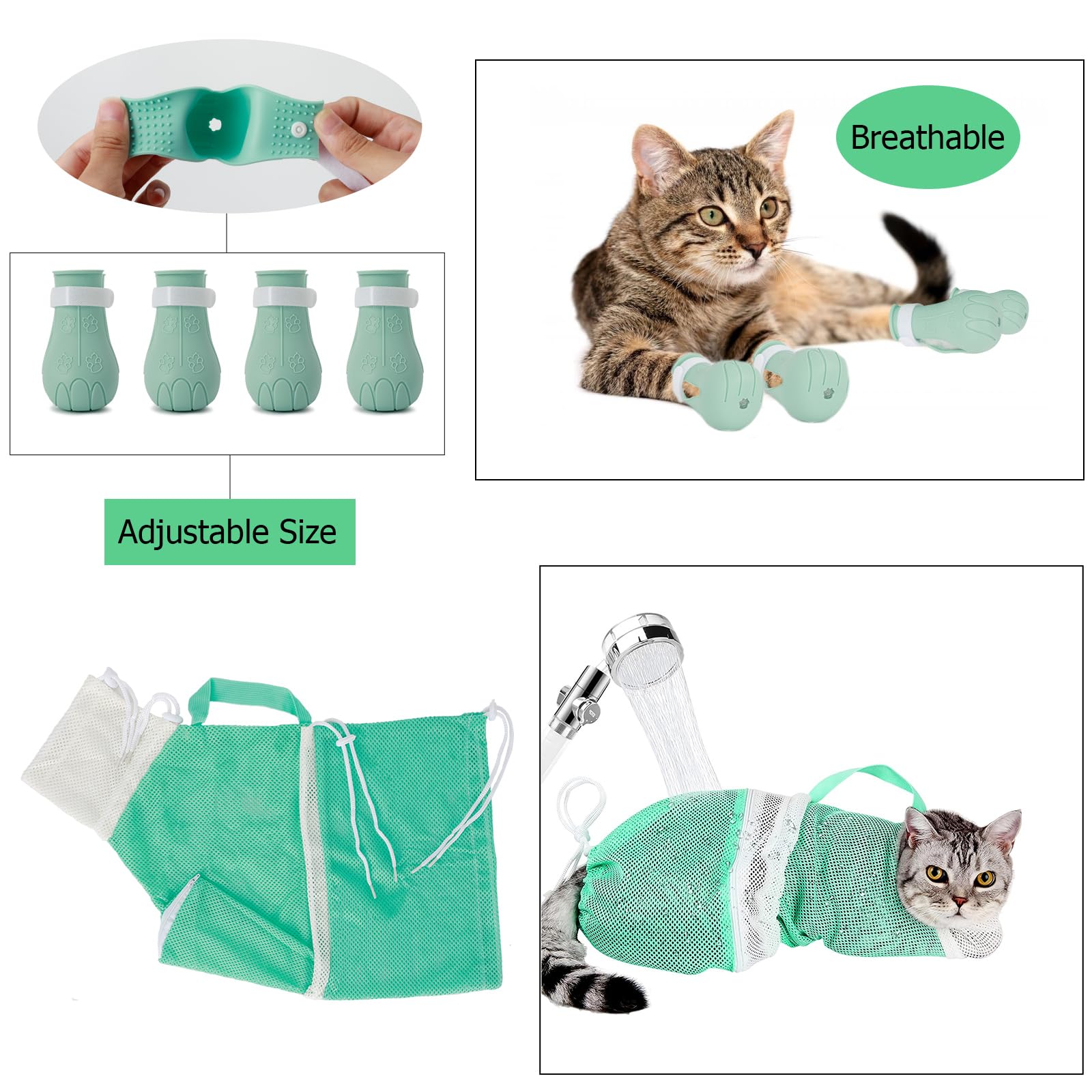 Hetenoyo 4 Pcs Anti-Scratch Silicone Cat Shoes And Cat Grooming Mesh Bag, Cat Claw Covers, Adjustable Multifunctional Anti-Bite