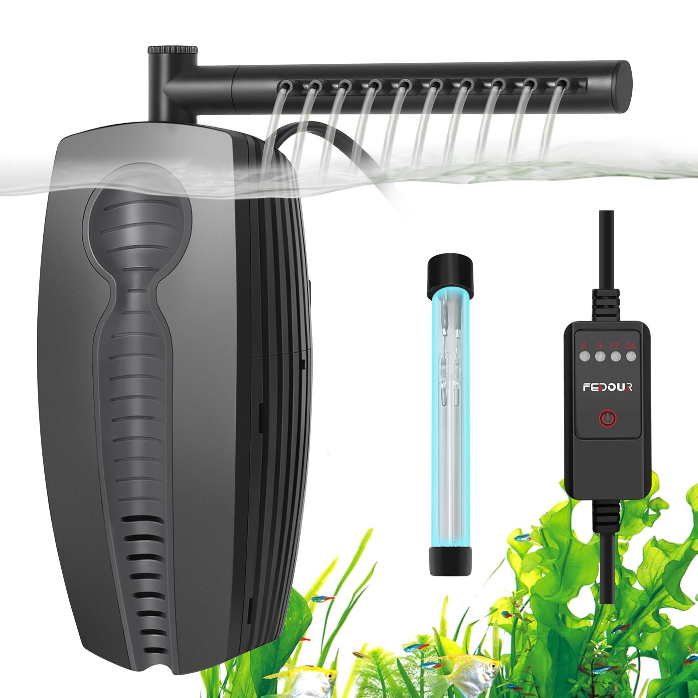 Fedour 165Gph Aquarium Filter U-V With Timer, 8W Adjustable Fish Tank Filter Pump, U-V Submersible Internal Filter For 10-50 Gallon Tank, With Biochemical Cotton, Activated Carbon Cotton