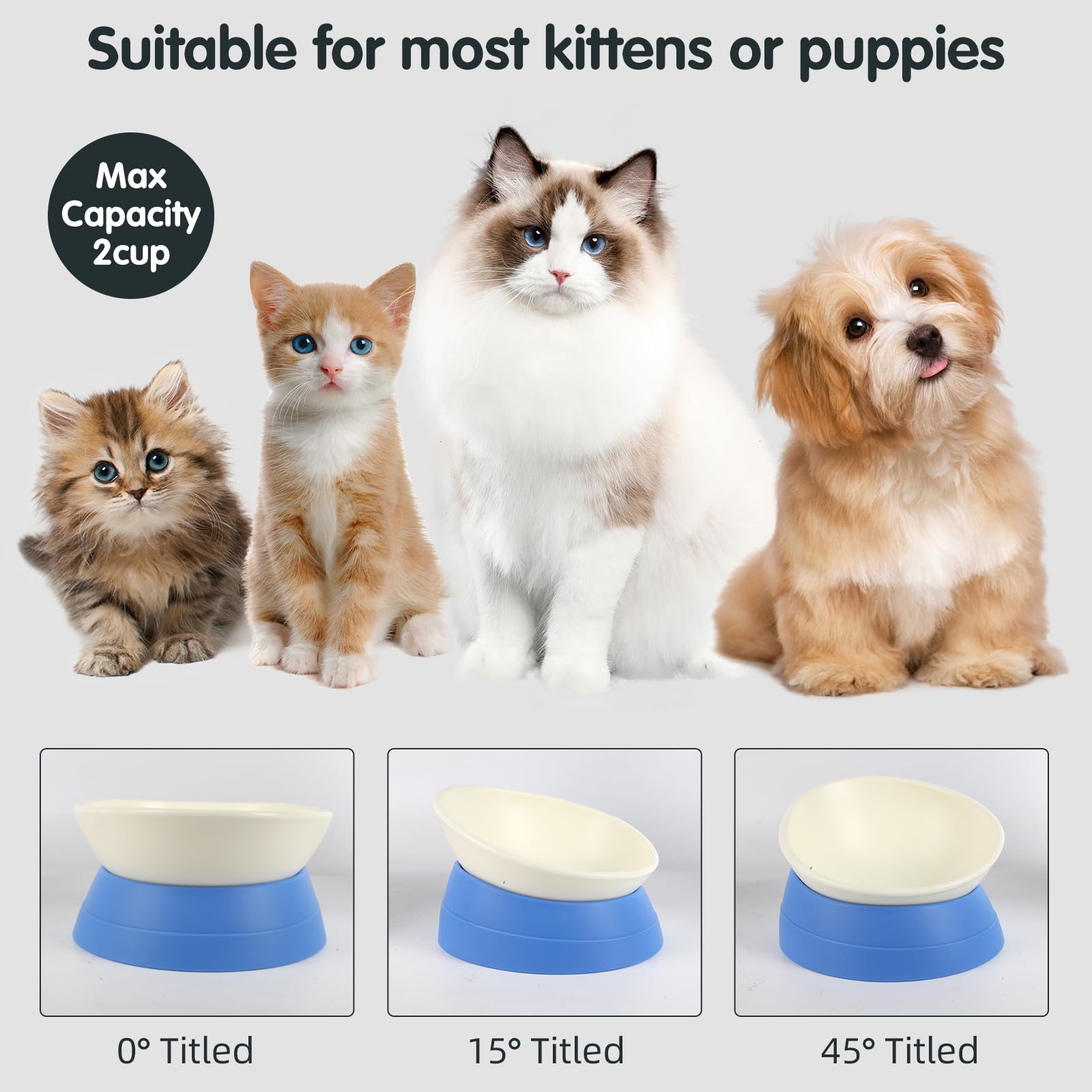 Bulldog Bowl Anti-Slip Dog Cat Dish Detachable Rubber Dog Bowl Pet Sterile Tilted Pet Feeder Slope Base (Blue, 2 Cup (Small/Medi