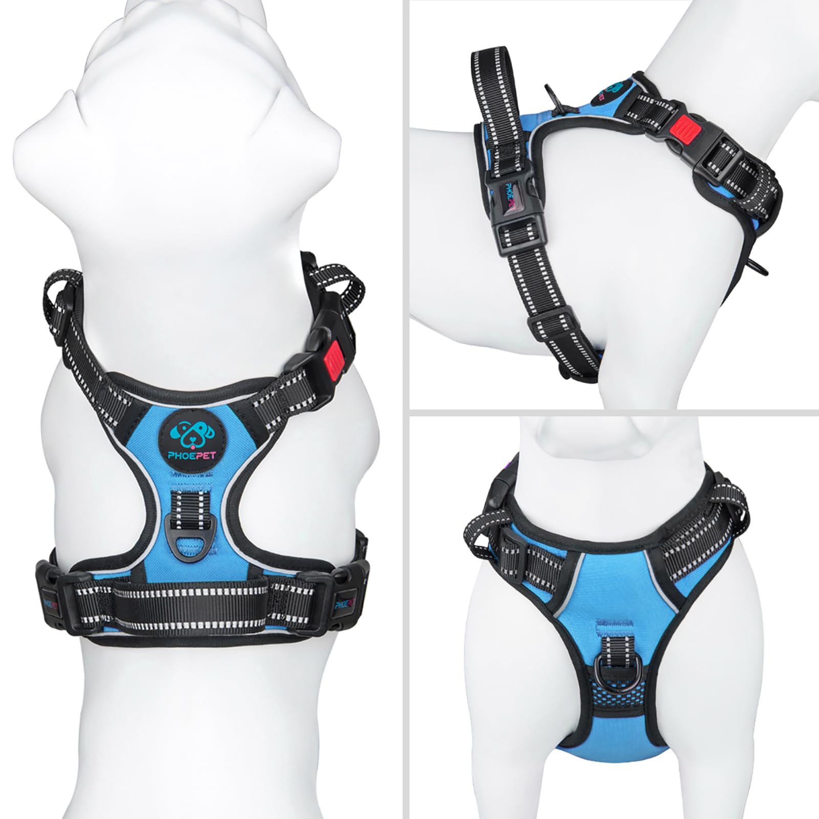 Phoepet Reflective Dog Harness Large Breed Adjustable No Pull Vest With Handle 2 Metal Rings 3 Buckles [Easy To Put On & Take Of