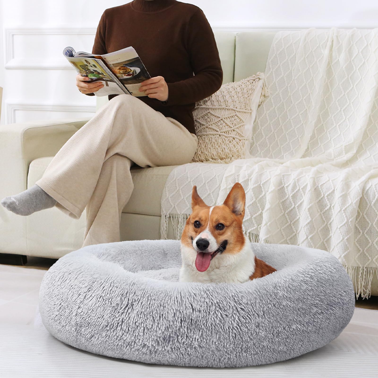 JOLLYVOGUE Dog & Cat Bed - Calming Faux Fur Donut Cushion for Small Pets, 24", Light Grey