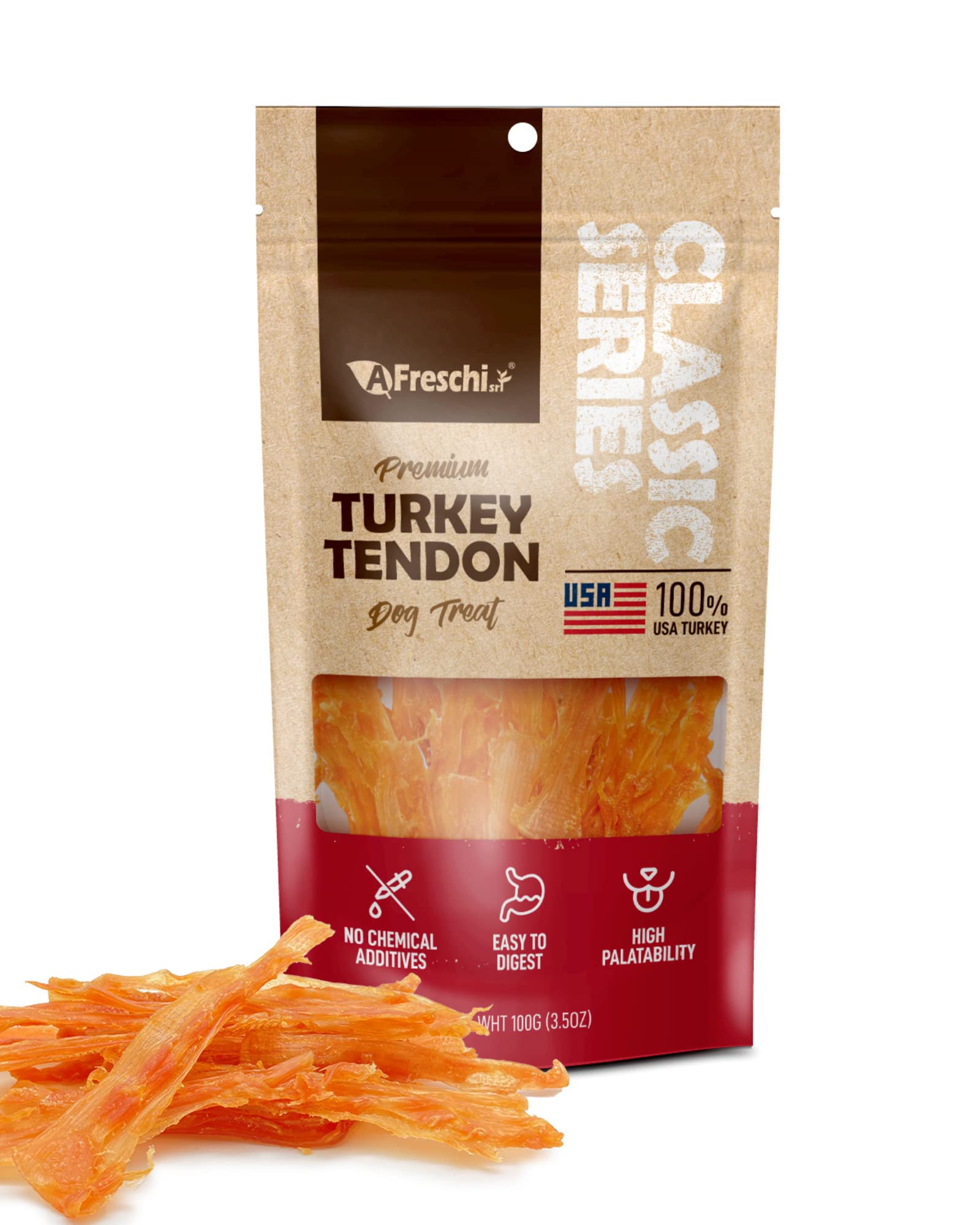 Afreschi Turkey Tendon Thin Stick 3.5 oz, Turkey Sourced from USA, Dog Treats for Classic Series, All Natural Human Grade Dog Tr
