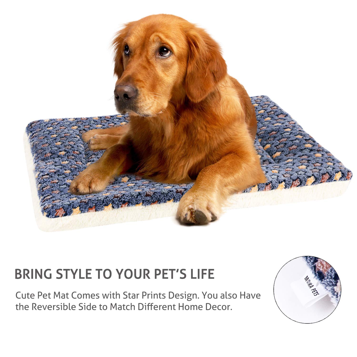 Mora Pets Dog Bed Crate Pad Ultra Soft Pet Bed with Cute Star Print Washable Crate Mat for Large Medium Small Dogs Reversible Fl