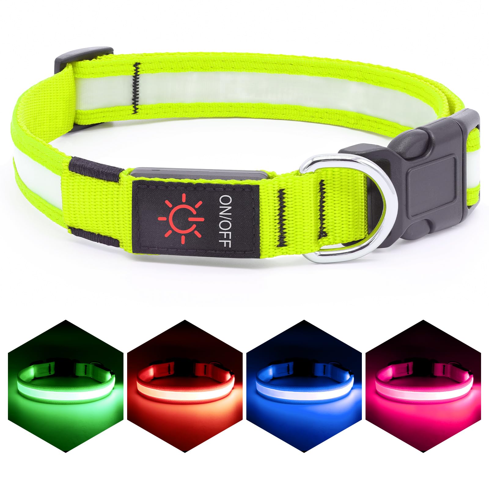 VIZPET LED Dog Collar - USB Rechargeable, 100% Waterproof, Large (18.89-23.62 in), Green, Super Bright Safety Light