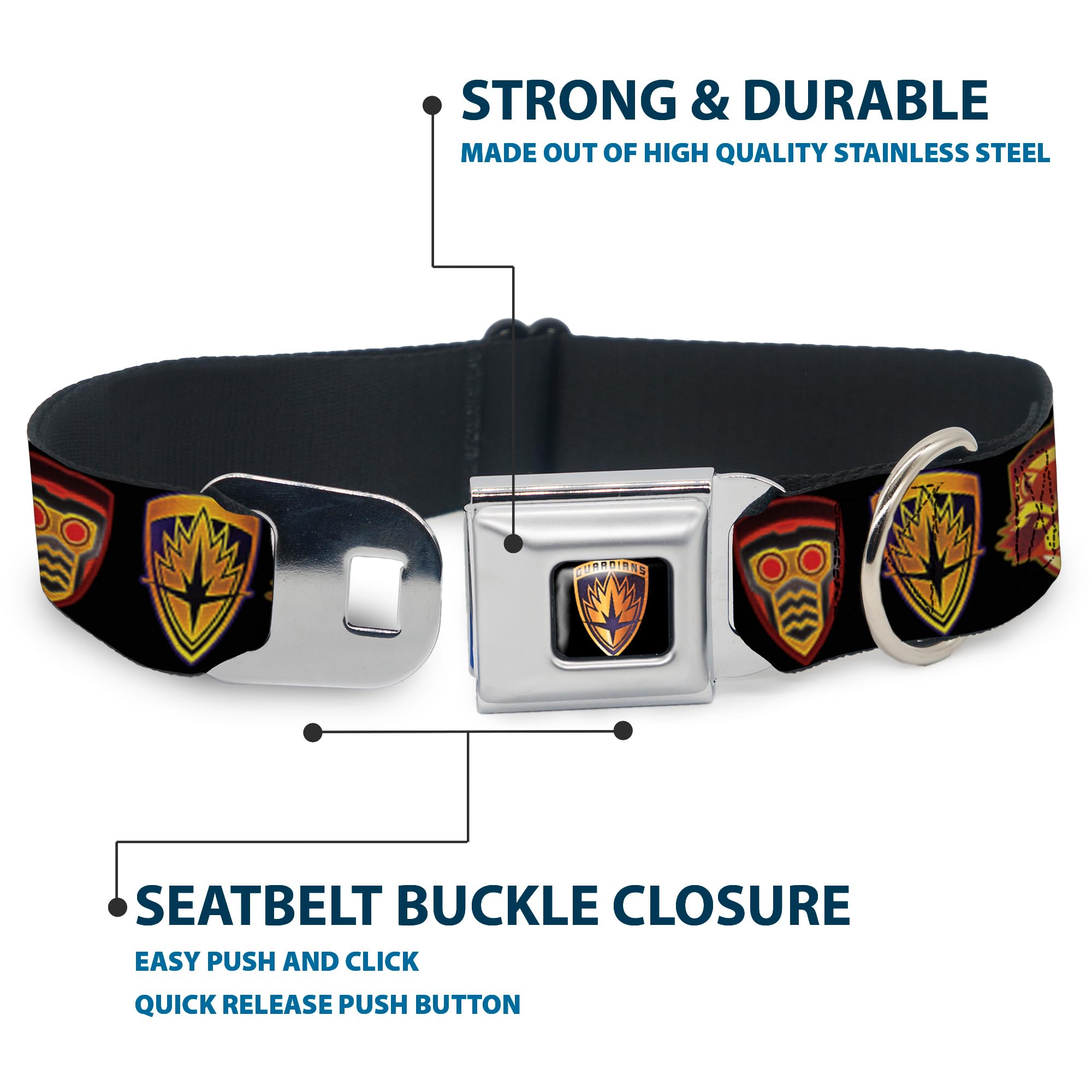 Buckle-Down Dc-Wmc111-L Seatbelt Dog Collar, Large, Guardians Of The Galaxy Badge/5-Character Icons Black/Multi Color, 1' Wide