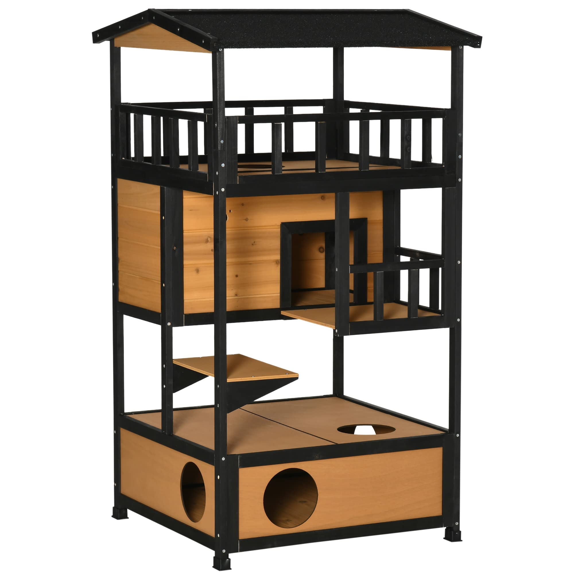 Pawhut Wooden Outdoor Cat House, Feral Cat Shelter Kitten Condo With Asphalt Roof, Escape Doors, Condo, Jumping Platform, Yellow