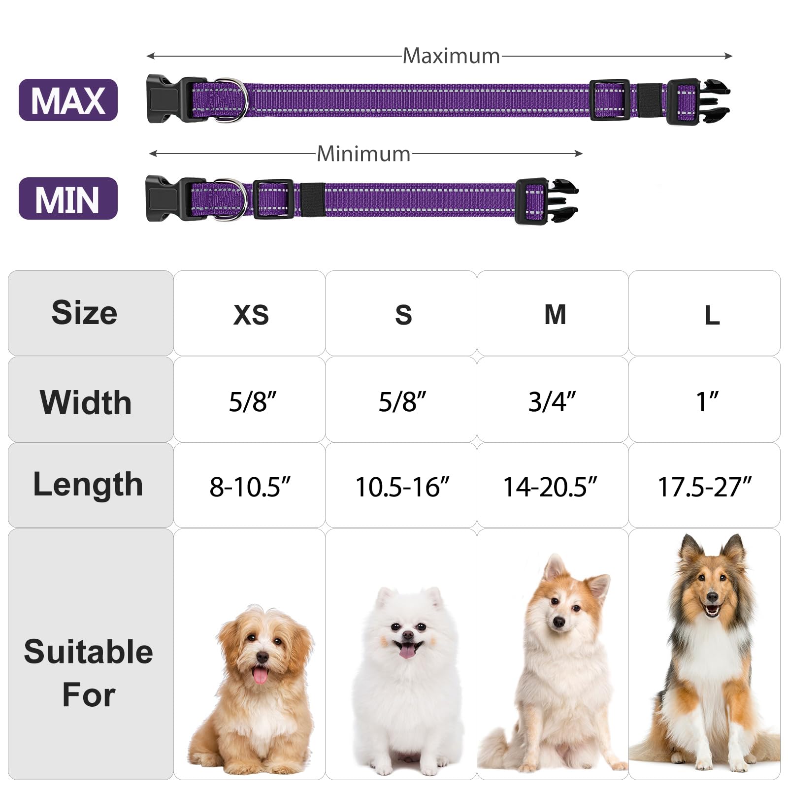 Penseepet Reflective Dog Collar Padded With Soft Neoprene Breathable Quick Release Basic Dog Collars For Large Dogs Purple Girl