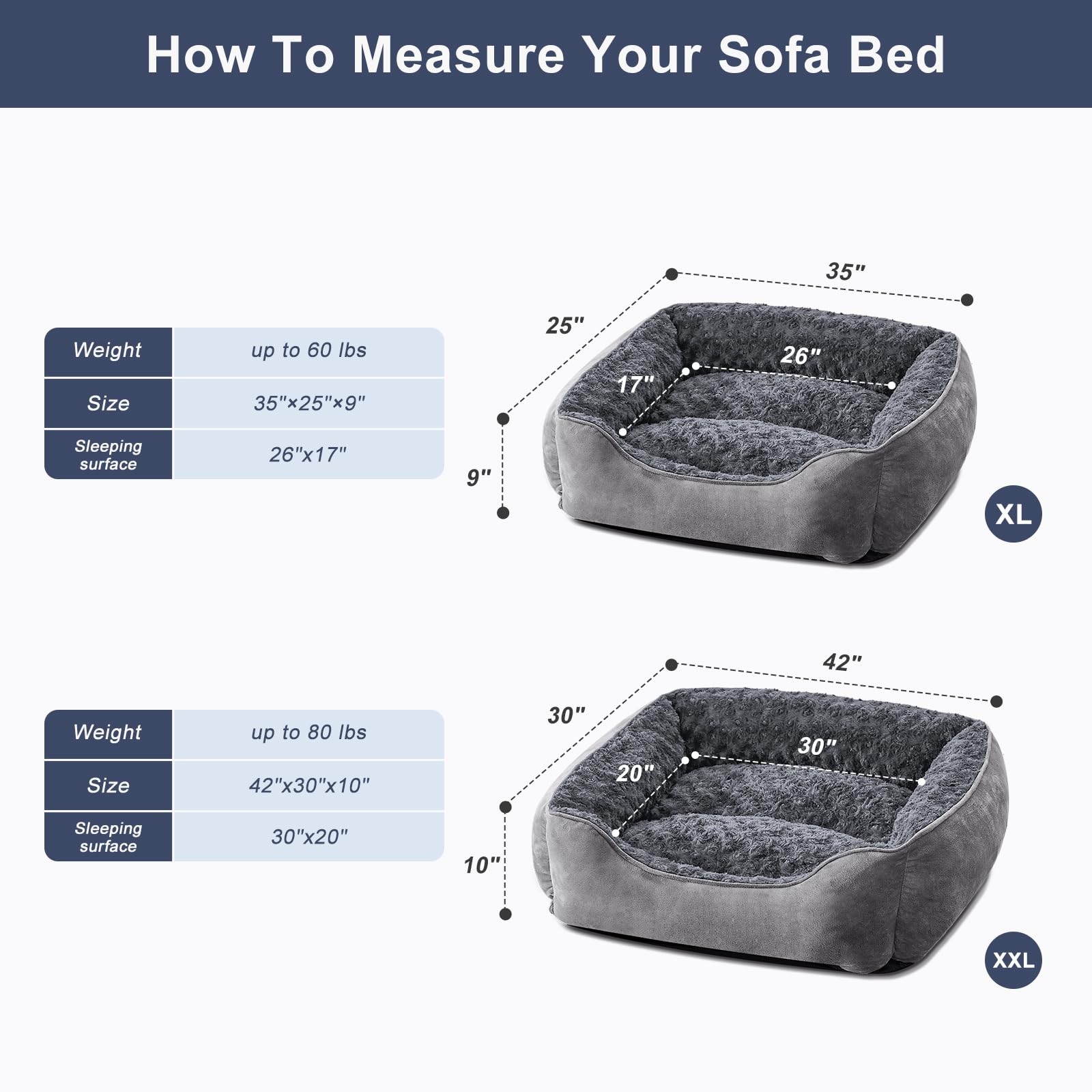 JOEJOY Dog Bed - Orthopedic Suede Sofa for Large/Medium/Small Dogs, XXL (42"x30"x10"), Grey, Machine Washable, Non-Slip Bottom