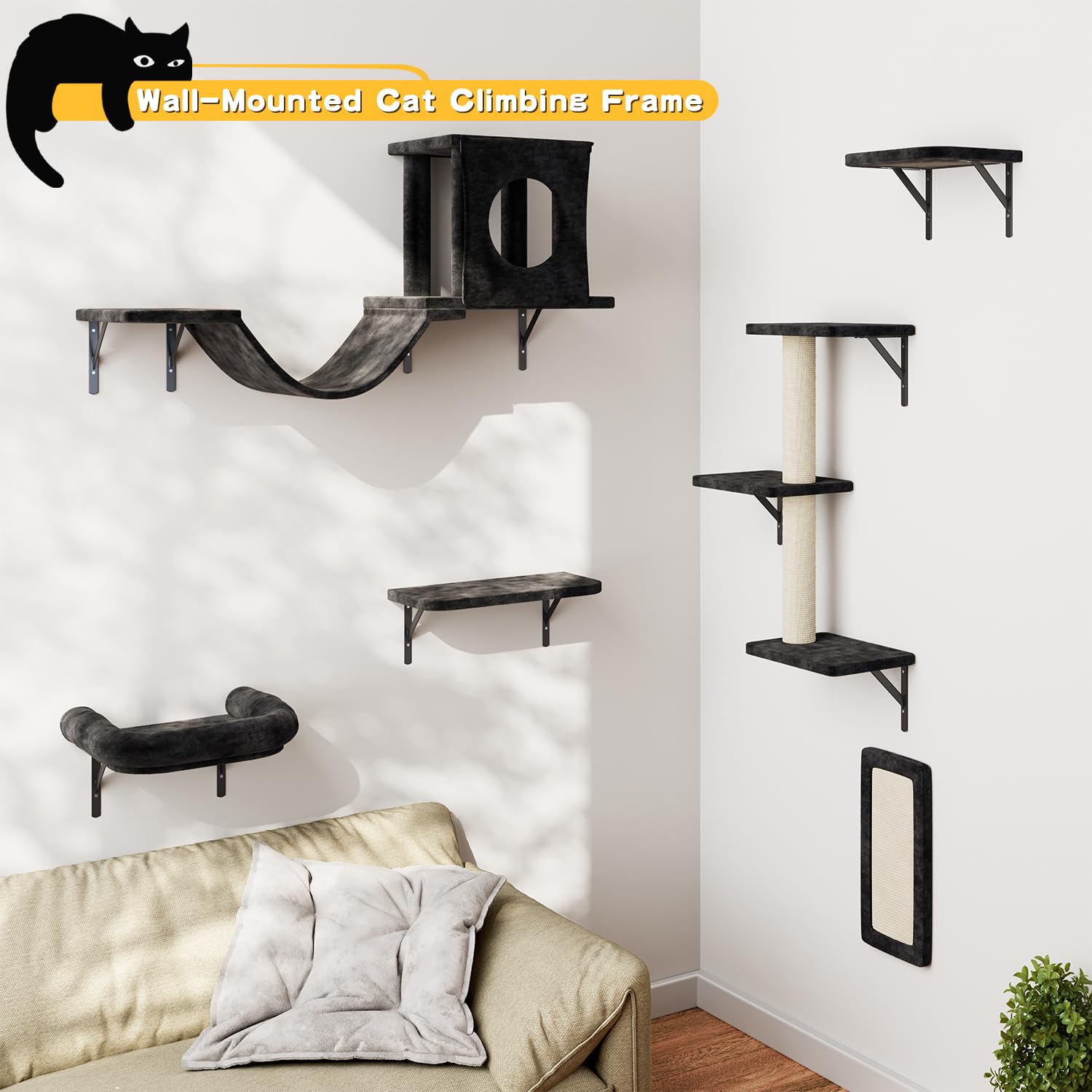 Wall Mounted Cat Furniture Set - 6pc Climber With House, Bridge, Tree, Steps, and Scratcher - DIY Walls Playground, Indoor Shelv