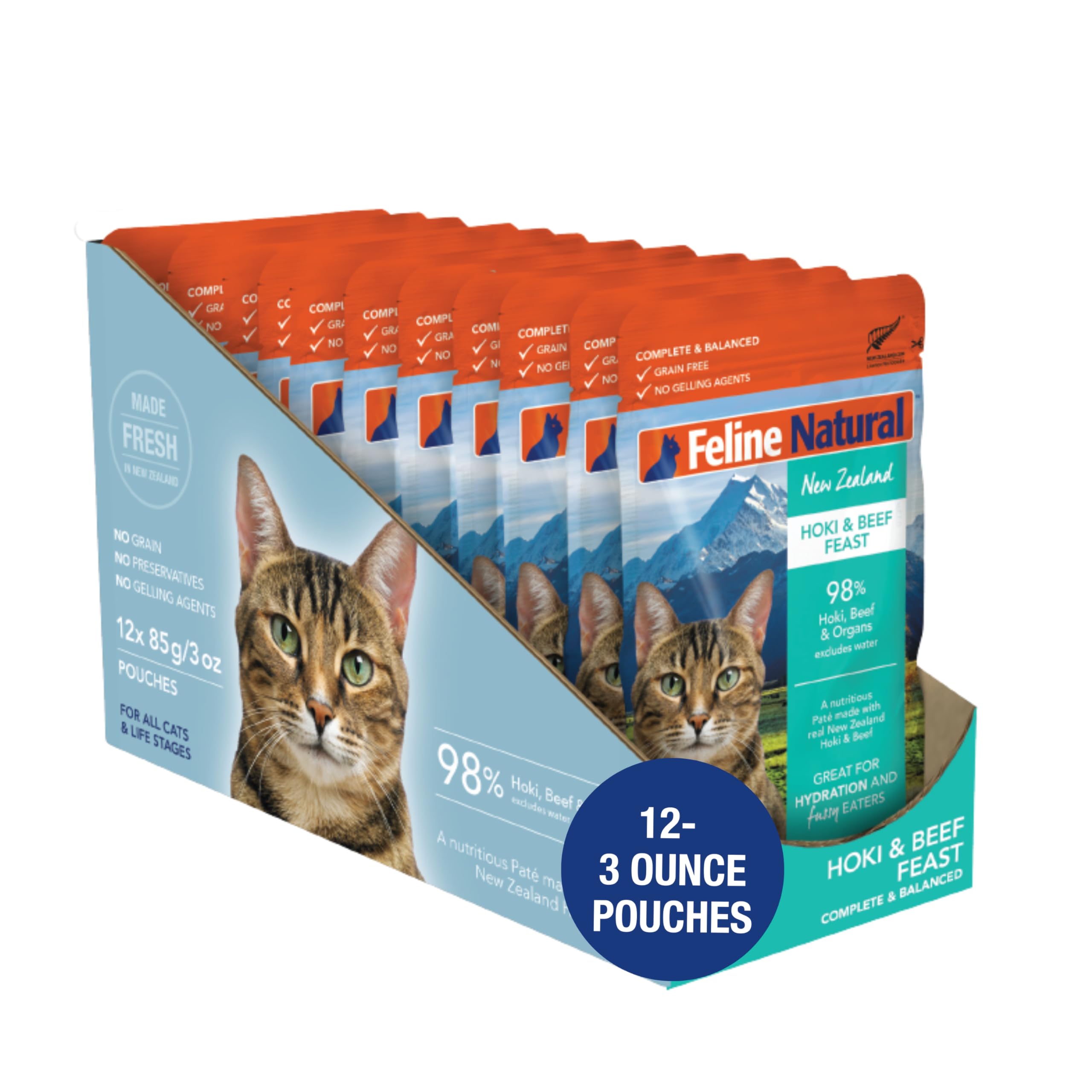 Feline Natural Wet Cat Food Pate, Hoki & Beef Feast, 3 Oz Single Serve Pouch (Pack of 12), Grain Free, Made in New Zealand with 