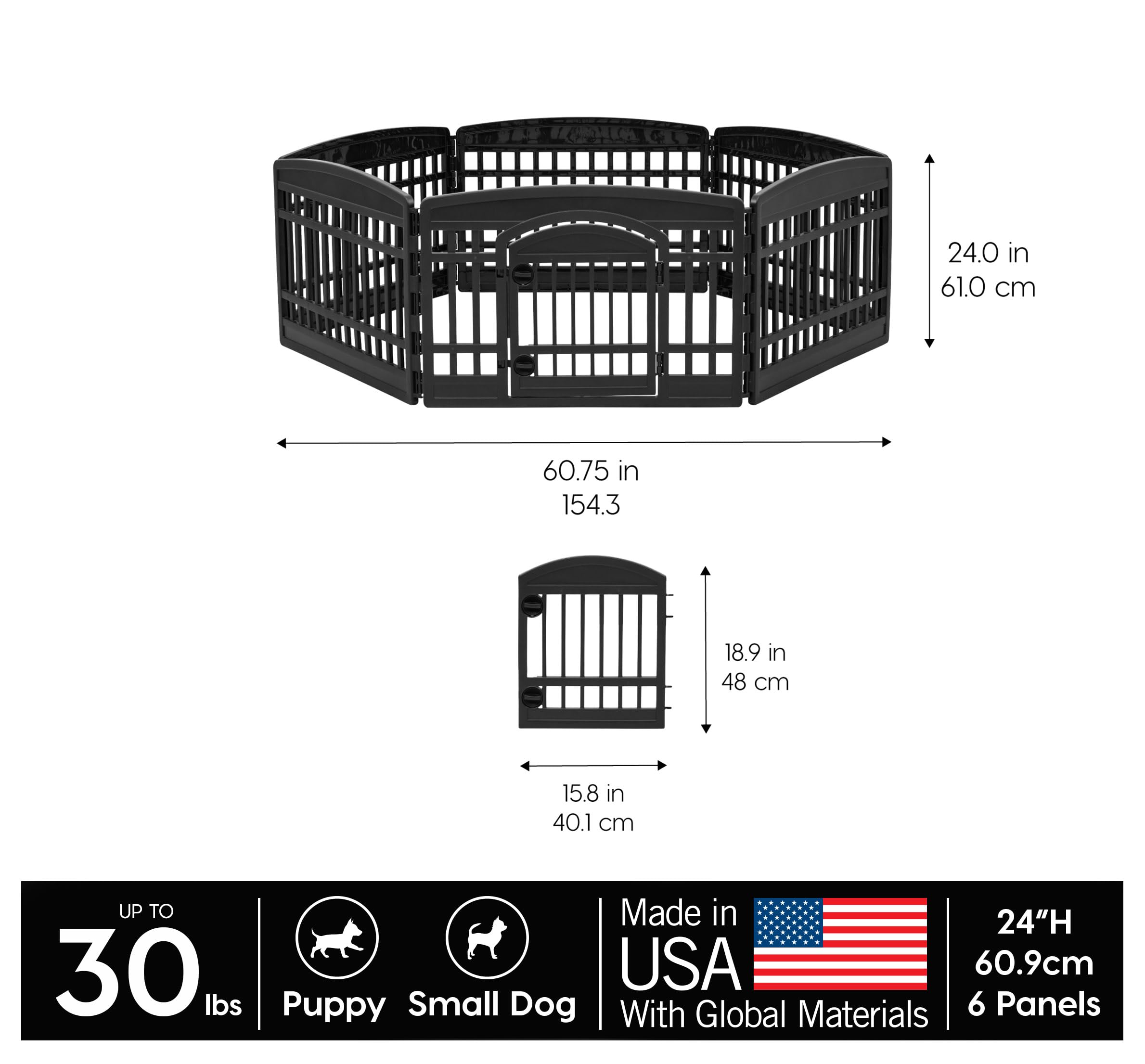 IRIS USA 24 6-Panel Dog Playpen with Door, 61 x 61 x 24, Puppy Playpen, Dog Play Pen Indoors, Pet Fence, Puppies/Small Dogs, Bla