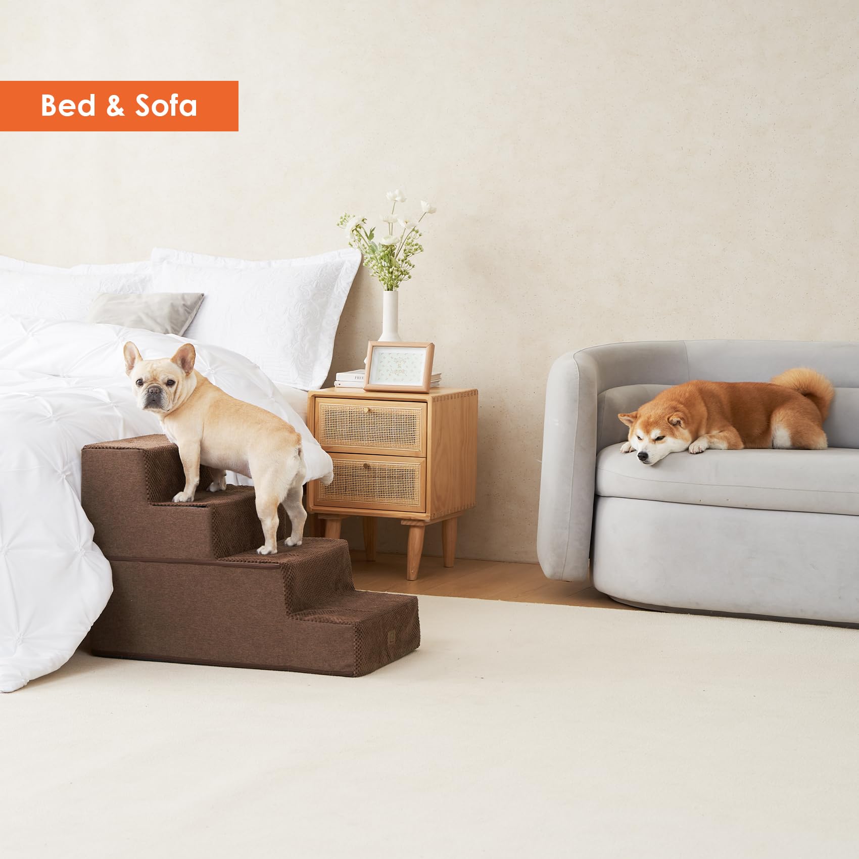 Eheyciga Dog Stairs For Bed 20”H, 4-Step Extra Wide Dog Steps For High Bed, Pet Steps For Small Dogs And Cats, Non-Slip Balanced Dog Indoor Ramp, Brown