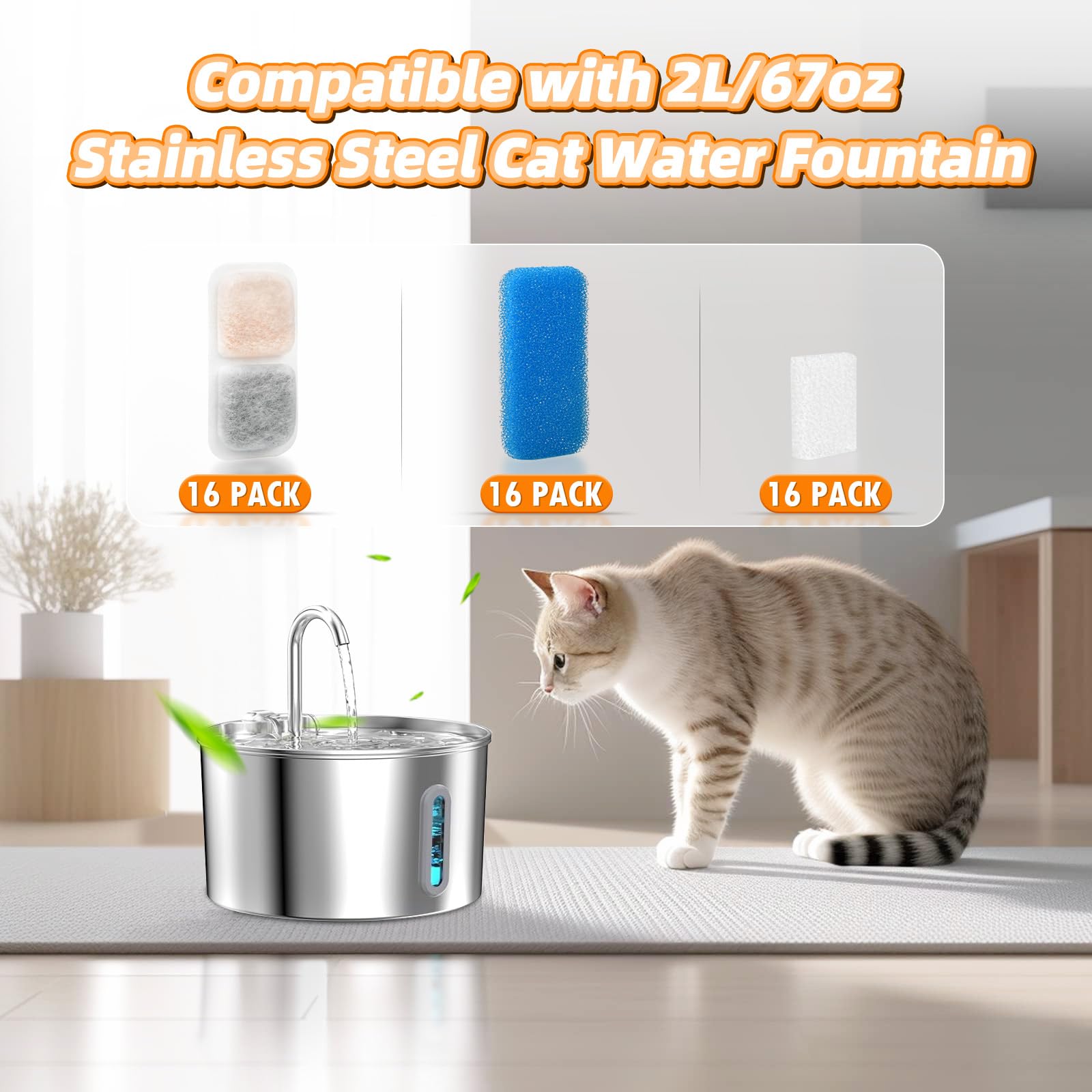 DrFlito Cat Water Fountain Filter - 16 Sets, Activated Carbon, Food Grade PP, Compatible with Oneisall 67oz/2L, Model PWF0116