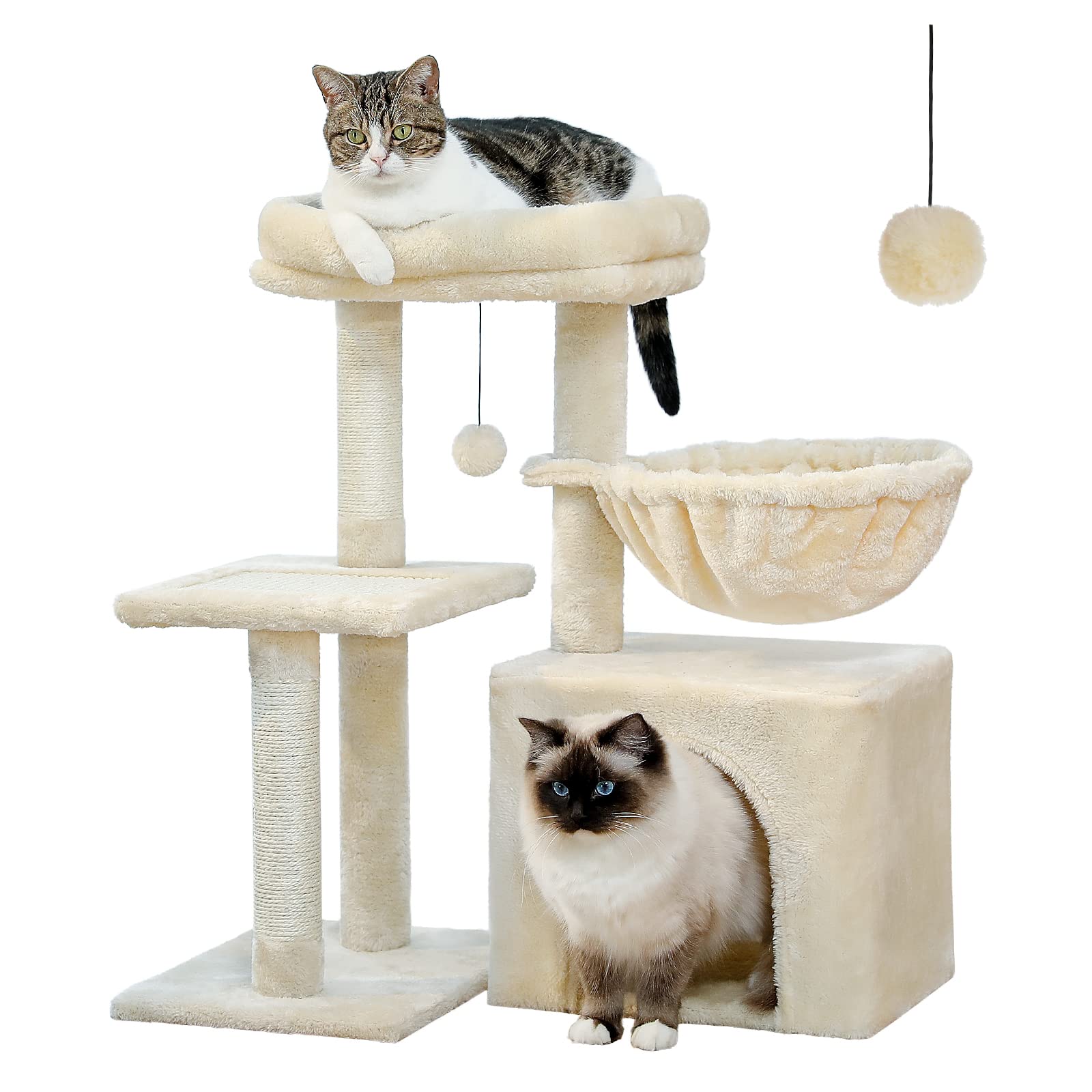 Pequlti Small Cat Tree, [28.5''] Cat Tower For Indoor Cats, 2 Styles Cat Activity Tree With Cat Scratching Posts, Big Hammock And Removable Top Perch Beige