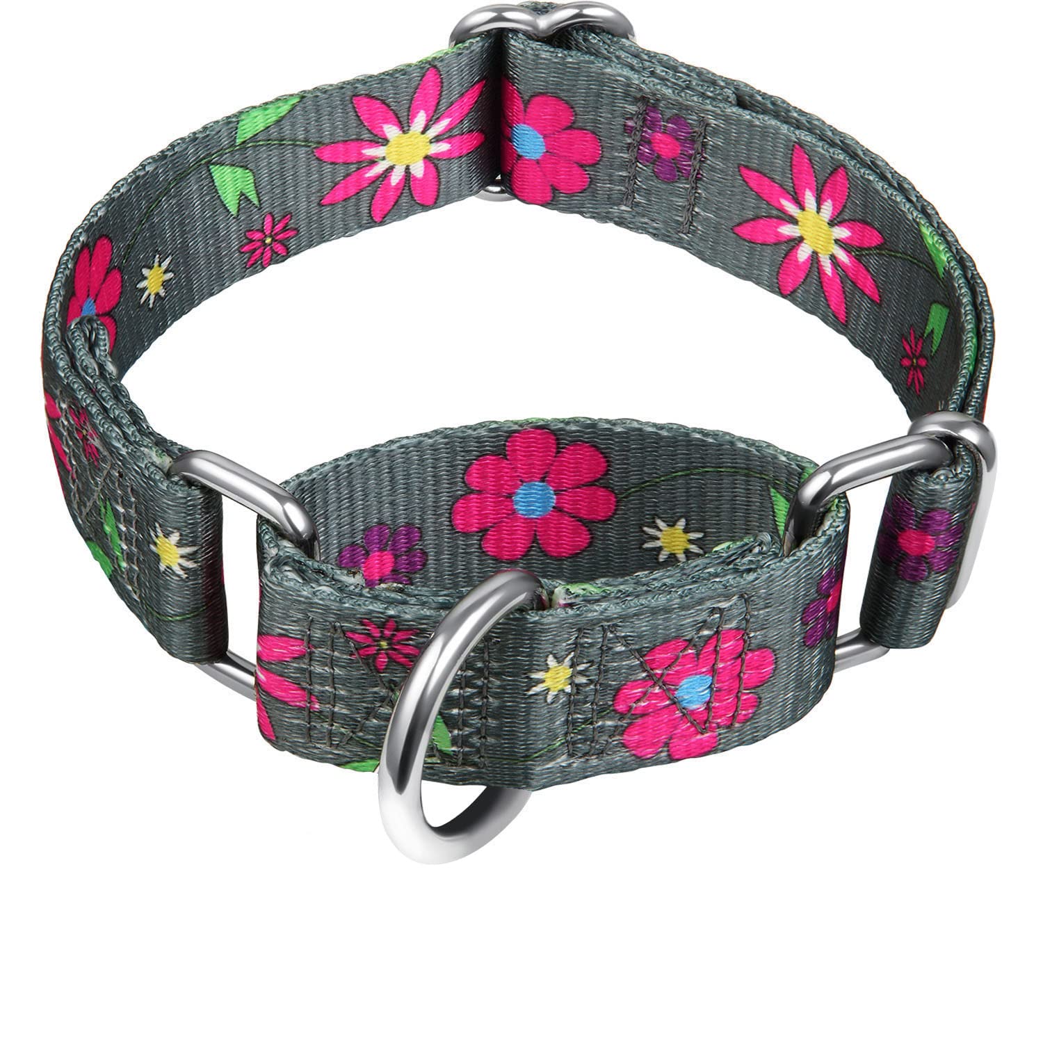 Martingale Collar Floral Print Dog Collar - Dazzber No Pull Pet Collar, Heavy Duty Adjustable Dog Collar, Large, Neck 17 Inch -25 Inch, Sun Flower (Graphite Grey)