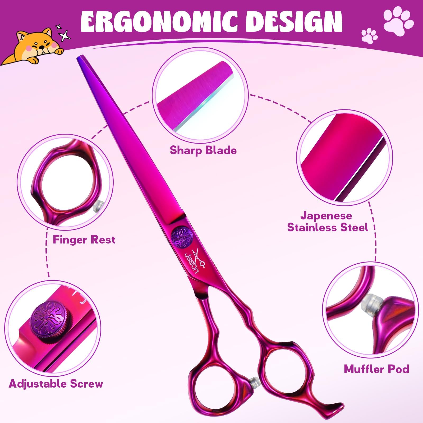 Jason Dog Grooming Scissors Set - Professional 6 In 1 Dog Shears Set - 7'' Chunker, 7'' Straight, 7'' Up-Curved, 7'' Down-Curved