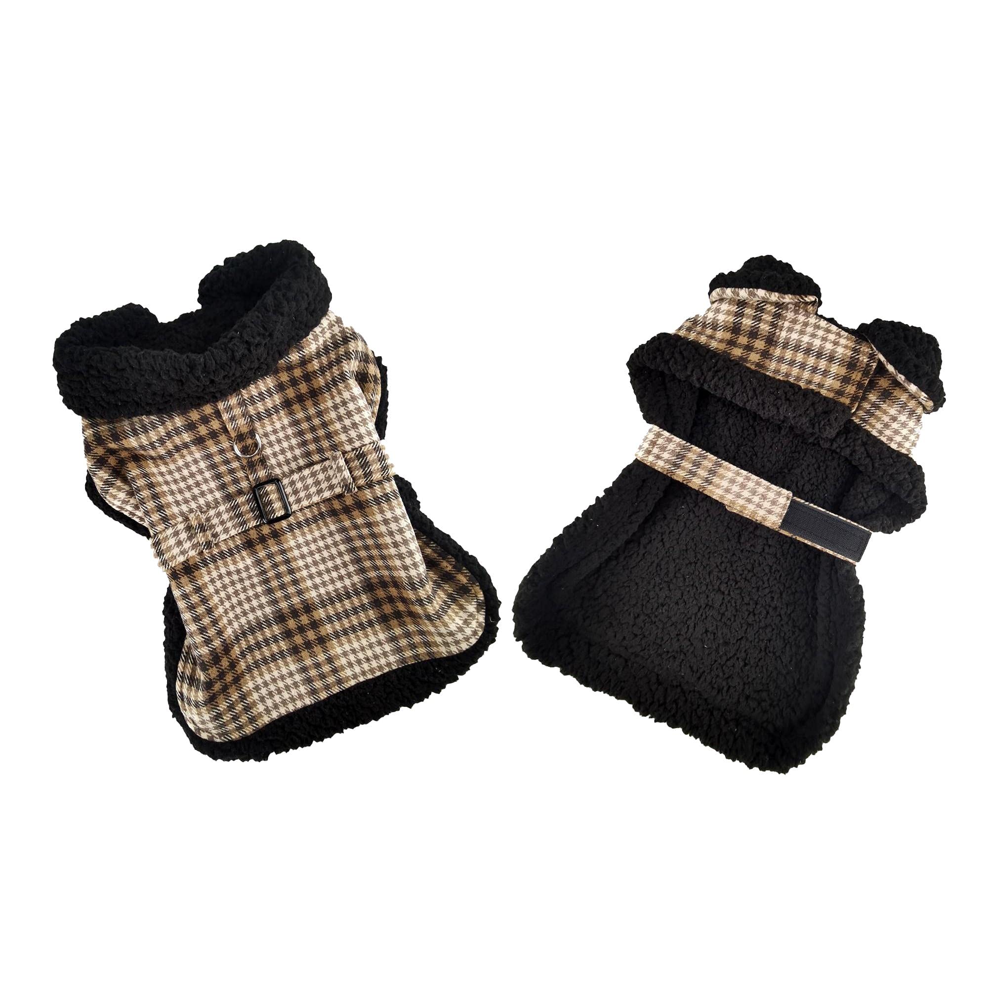 Sherpa-Lined Dog Harness Coat (Large, Brown & White Plaid)