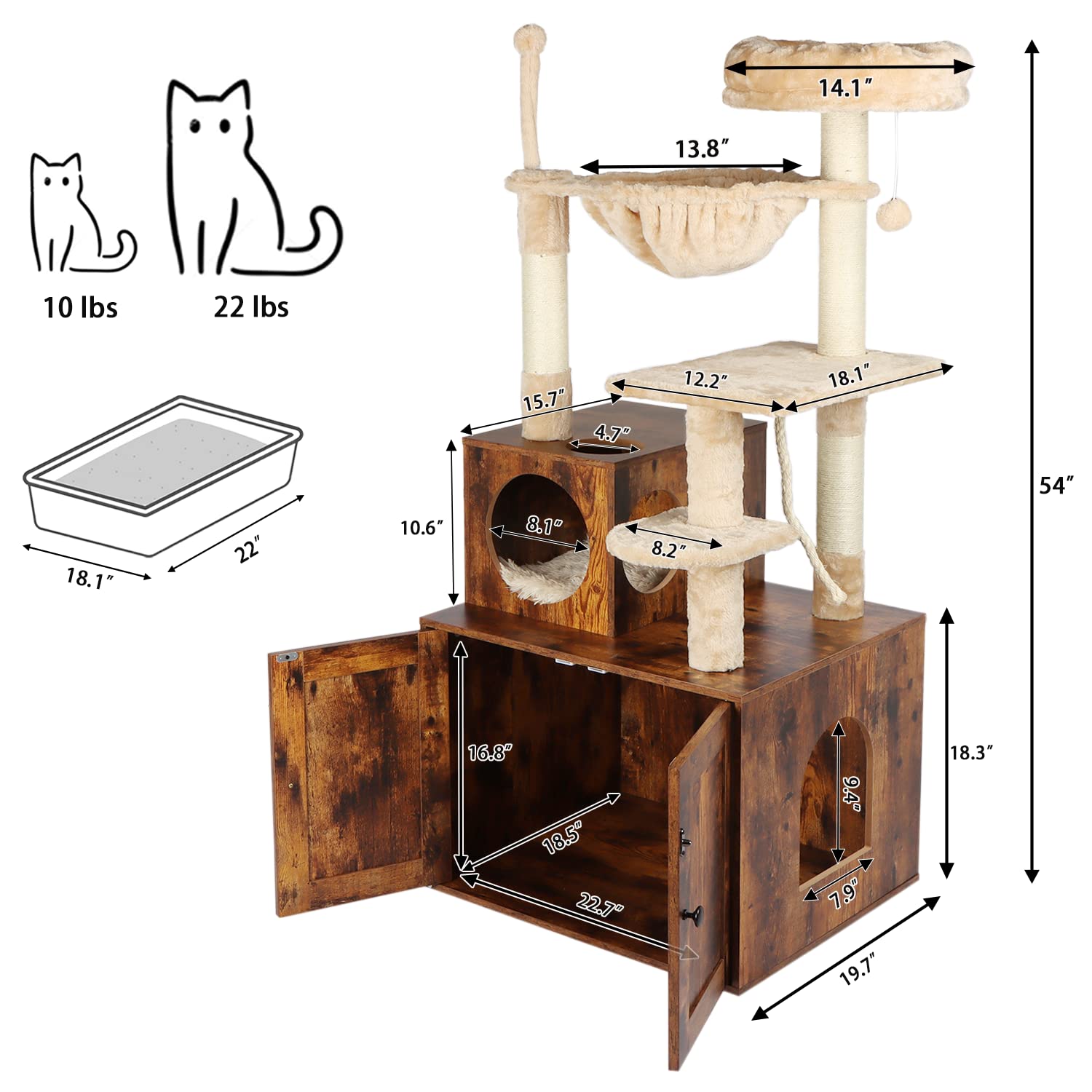 Timberer Cat Tree with Litter Box Enclosure, 54"H Wood Condo, Rustic Brown, Model 1724RB, 2-in-1 Indoor Cat Tower with Scratching Posts