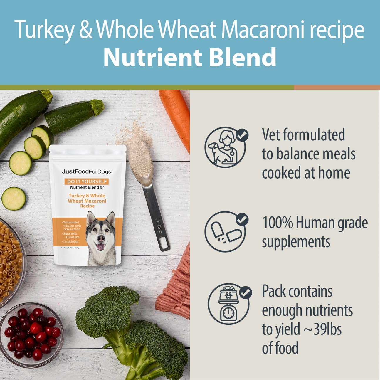 JustFoodForDogs DIY Turkey & Whole Wheat Macaroni Recipe, 4.02 oz, Nutrient Blend for Homemade Dog Food, Model 961026020