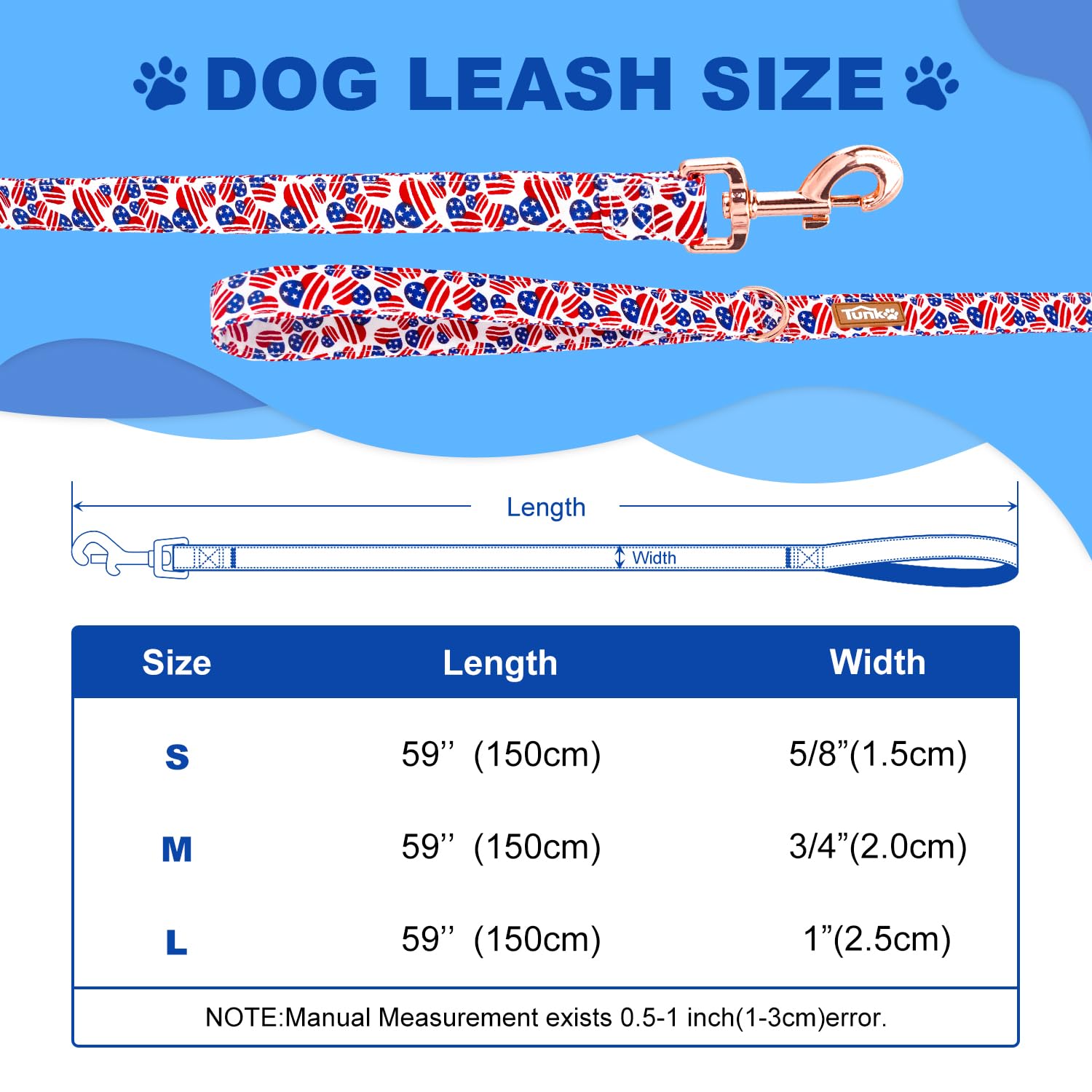 Tunkoo American Flag Dog Leash Super Cute Heart, Durable And Stylish Pet Leash With Metal Buckle, Available In Small, Medium, La