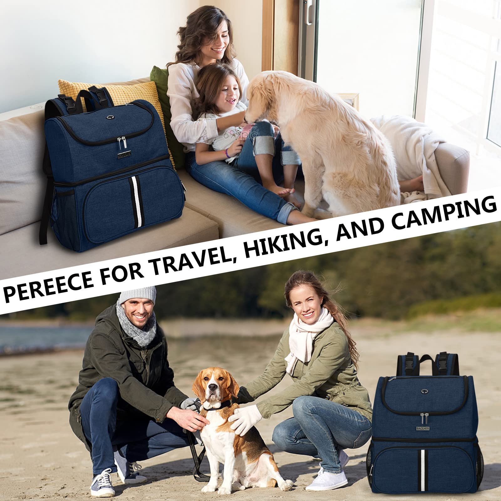 BAGLHER Pet Travel Backpack, Double-Layer with 2 Bowls & Food Baskets, Small, Dark Blue, Polyester