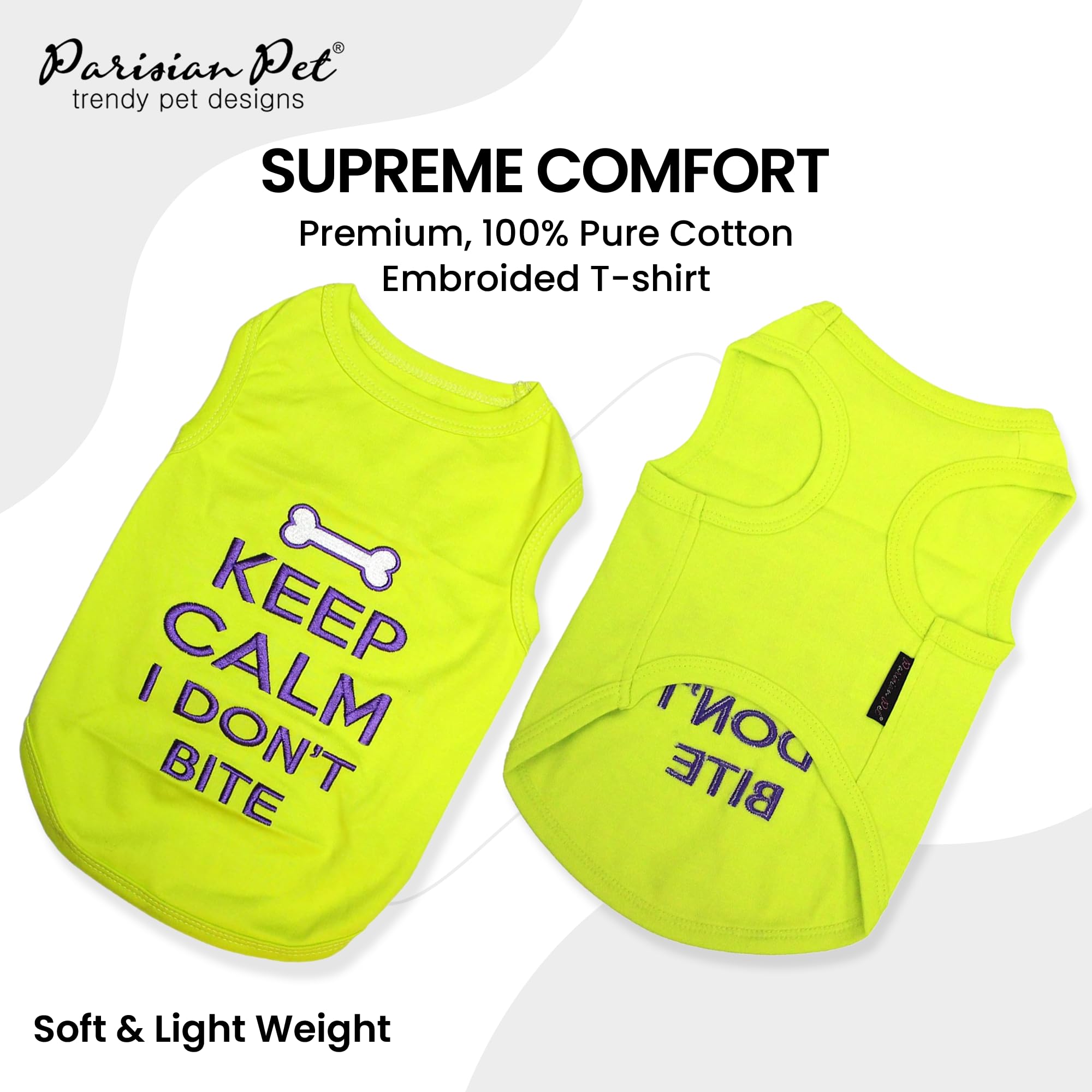 Parisian Pet Dog Tshirt - Embroidered Keep Calm I Dont Bite Dog Clothes - Breathable And Lightweight Pet Vest - Sleeveless Tee S