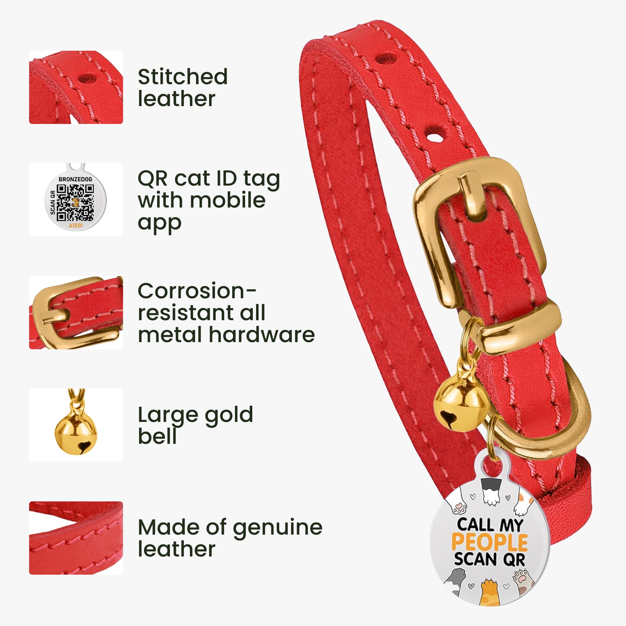 Bronzedog Leather Cat Collar With Bells Non Breakaway Kitten Qr Tag For Girl Boy (7'' - 9'' For Cats, Red & Gold)