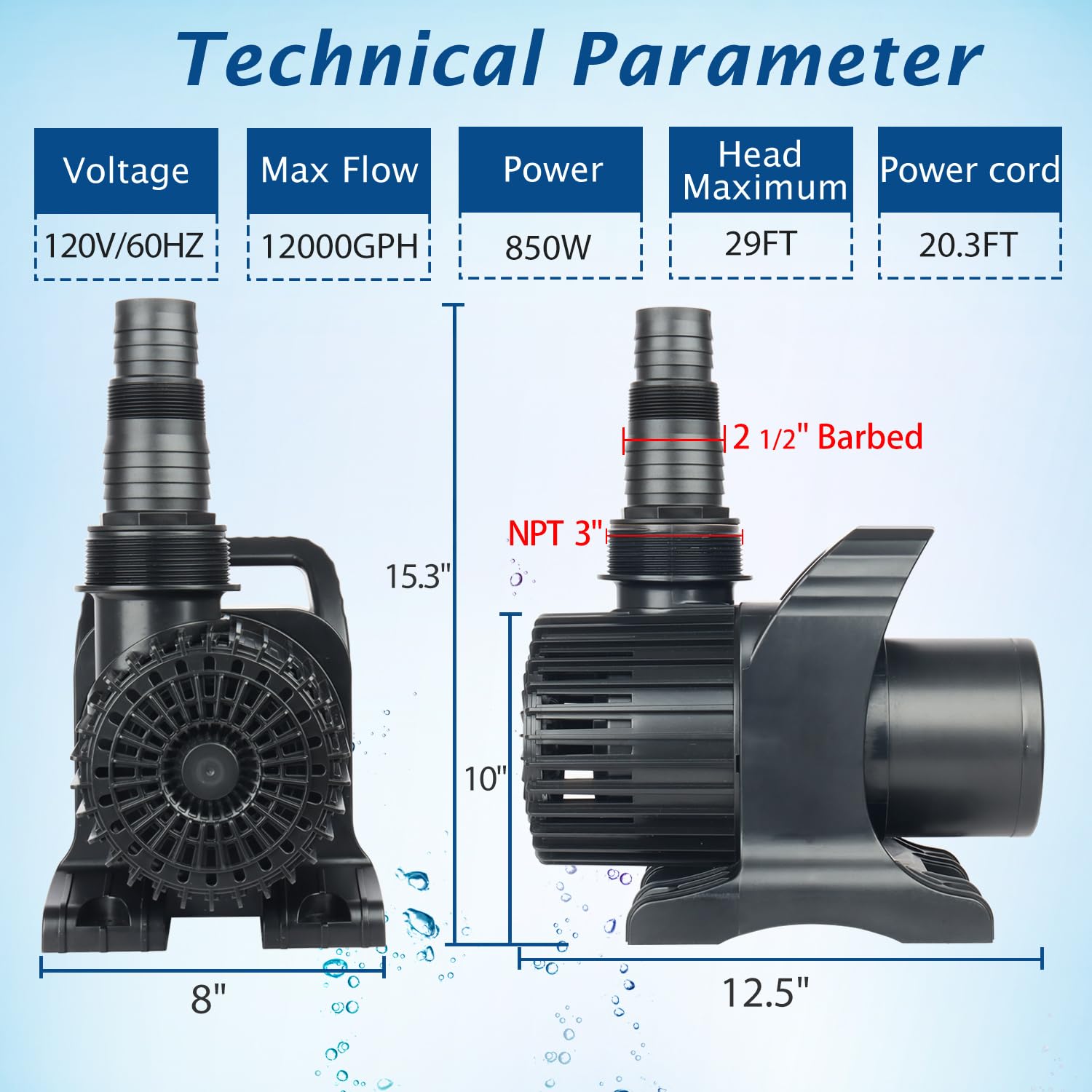 WaterRebirth Submersible Water Pump - 12000GPH, UL Listed, Black, 850W, Ideal for Ponds, Fountains, and Aquariums